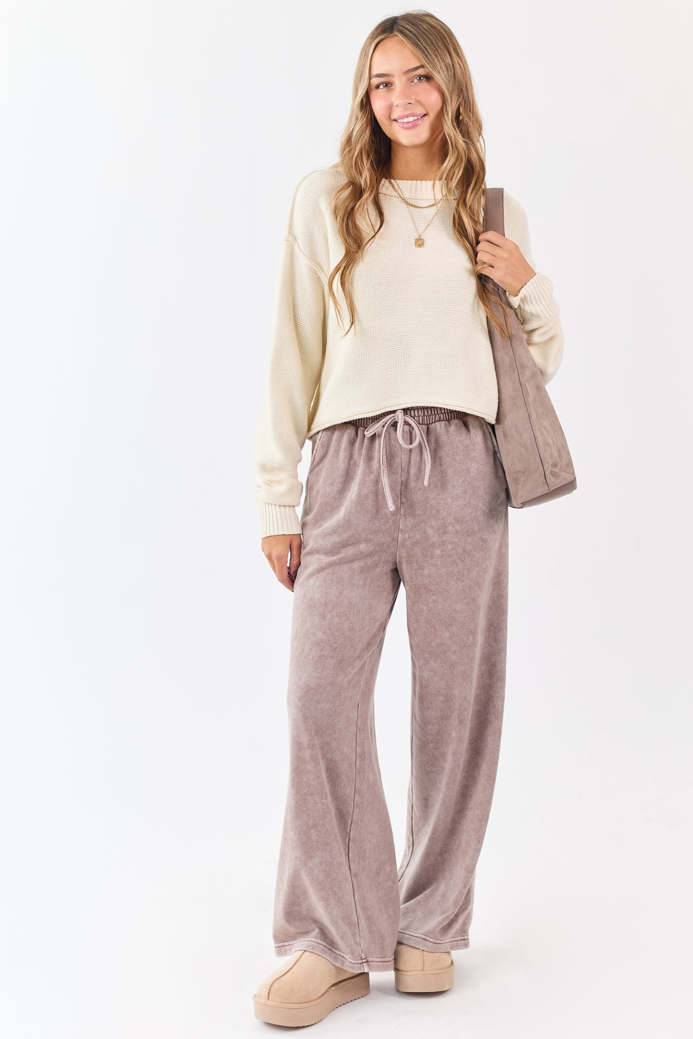 Washed Rose Taupe Wide Leg Sweatpants