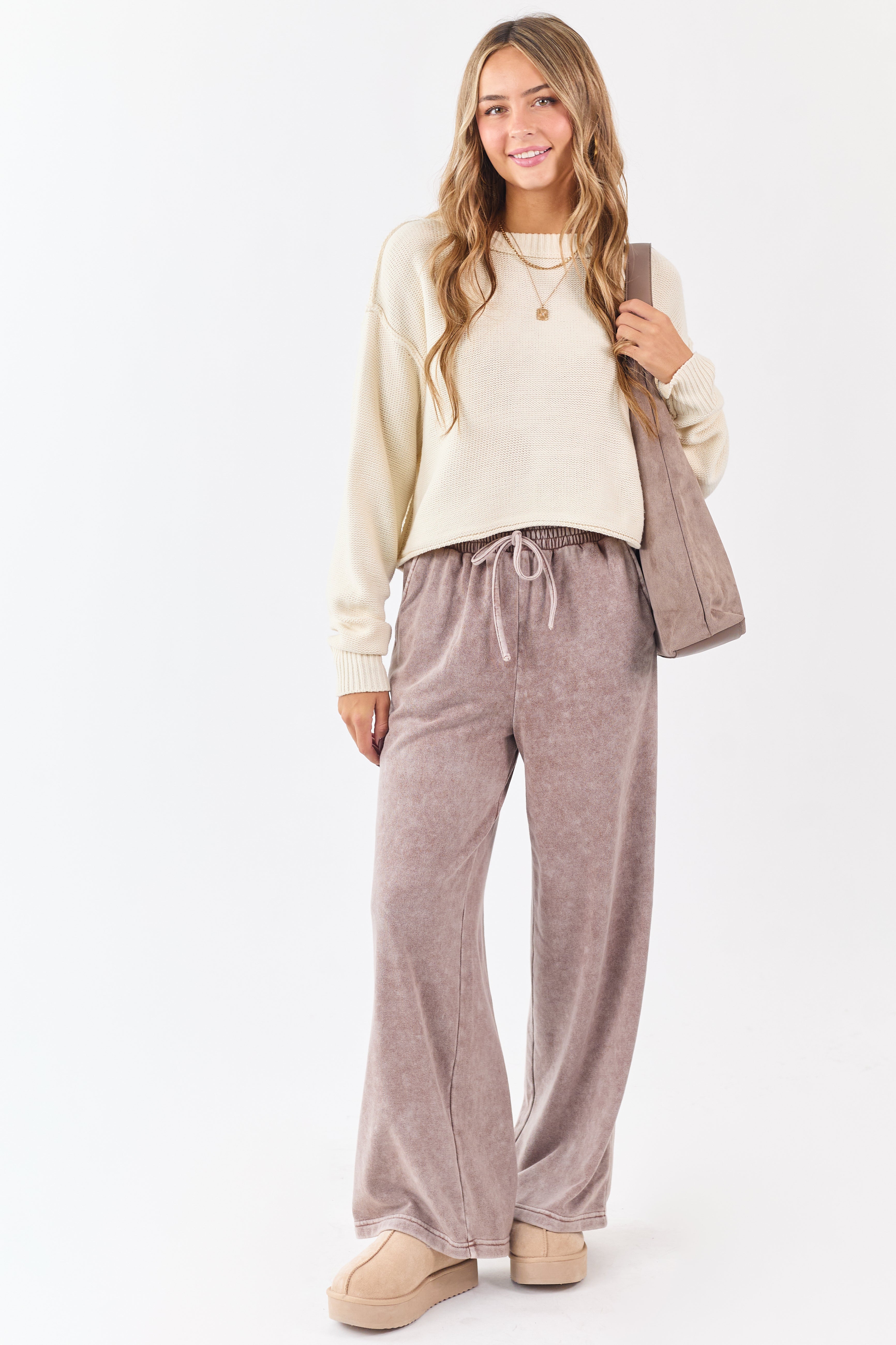 Washed Rose Taupe Wide Leg Sweatpants