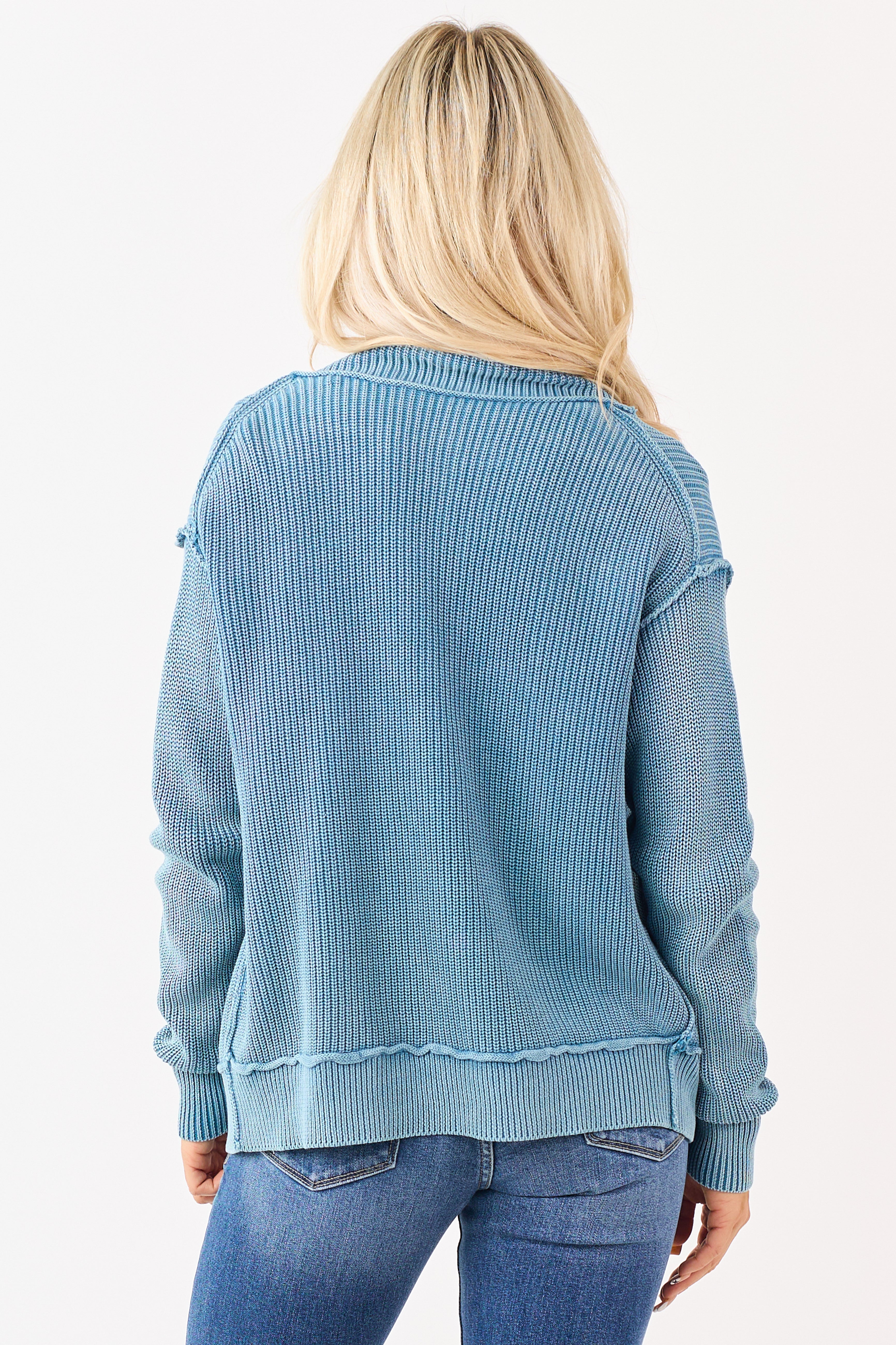 Washed Sea Blue Cotton Open Front Cardigan