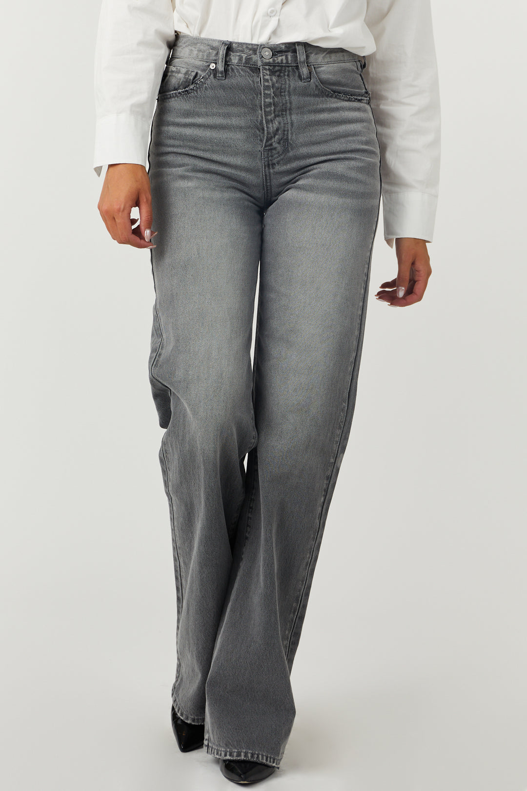 KanCan Washed Stone Grey High Rise 90's Flare Jeans & Lime Lush