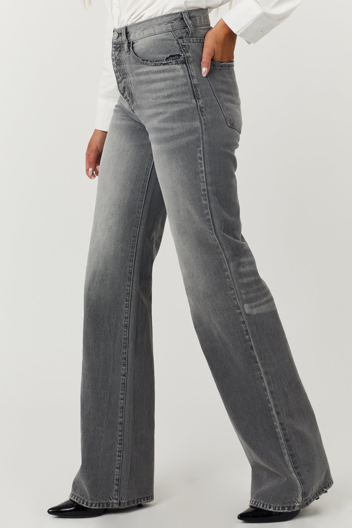 Washed Stone Grey High Rise 90's Flare Jeans
