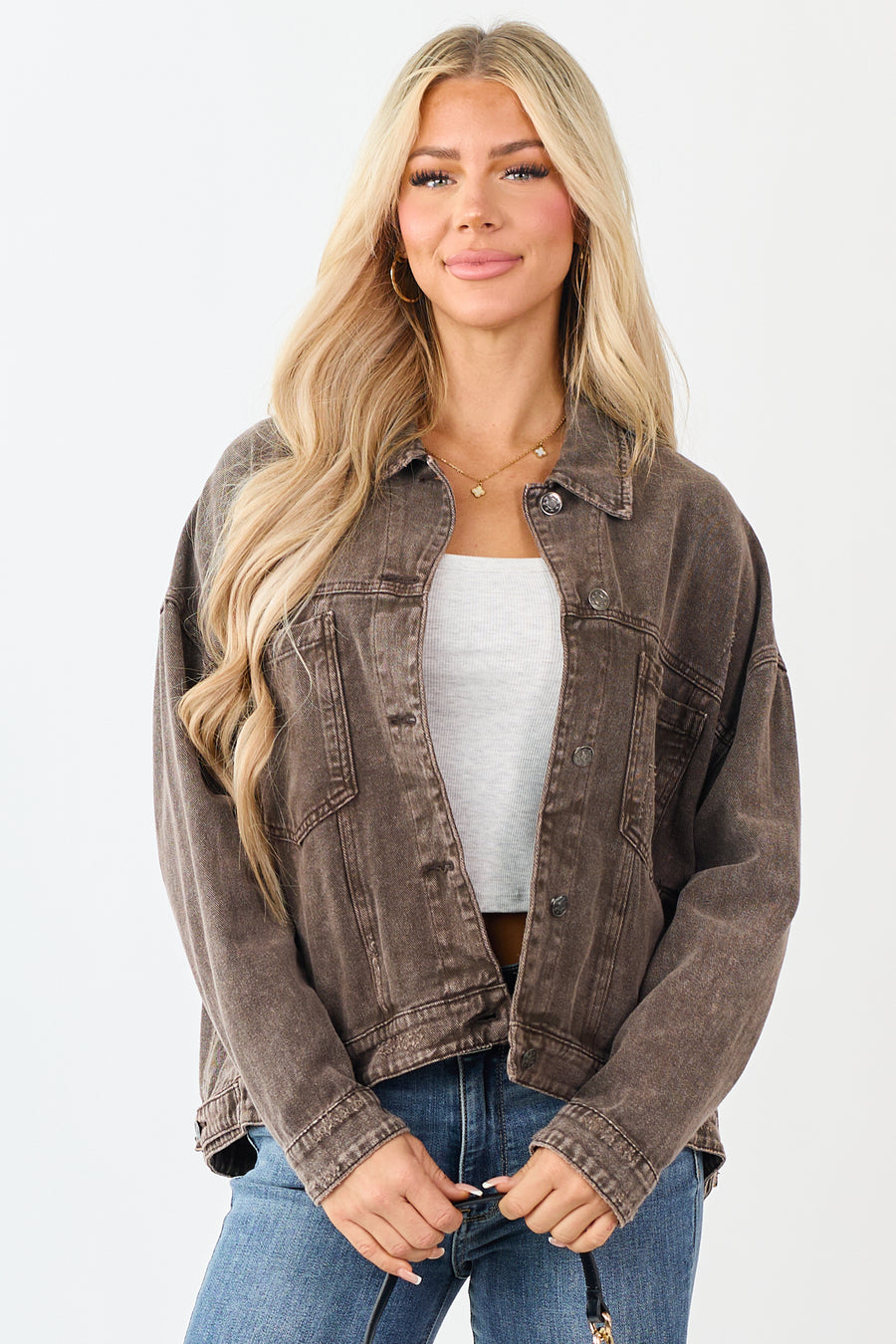 Washed Walnut Denim Lightly Distressed Shacket