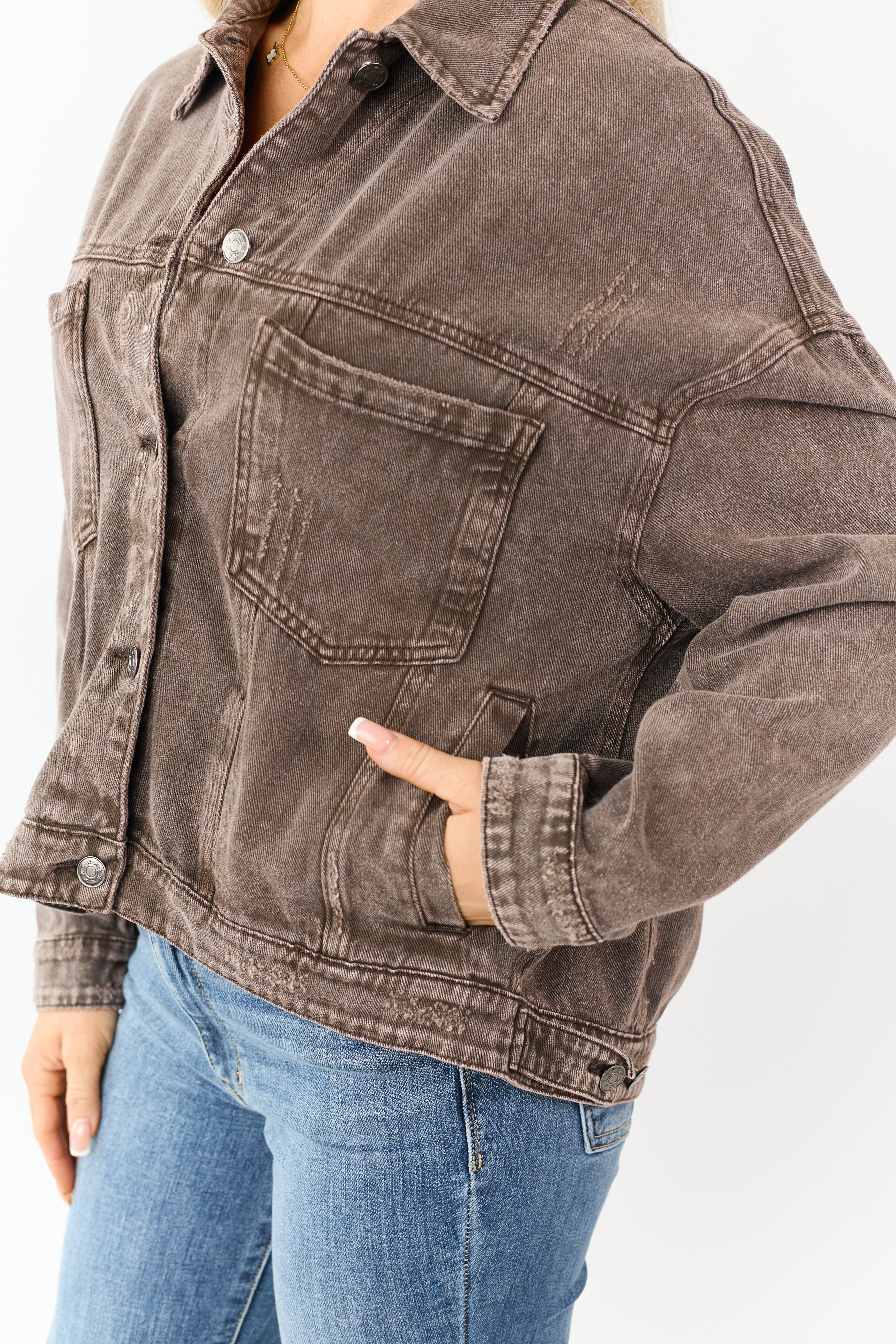 Washed Walnut Denim Lightly Distressed Shacket