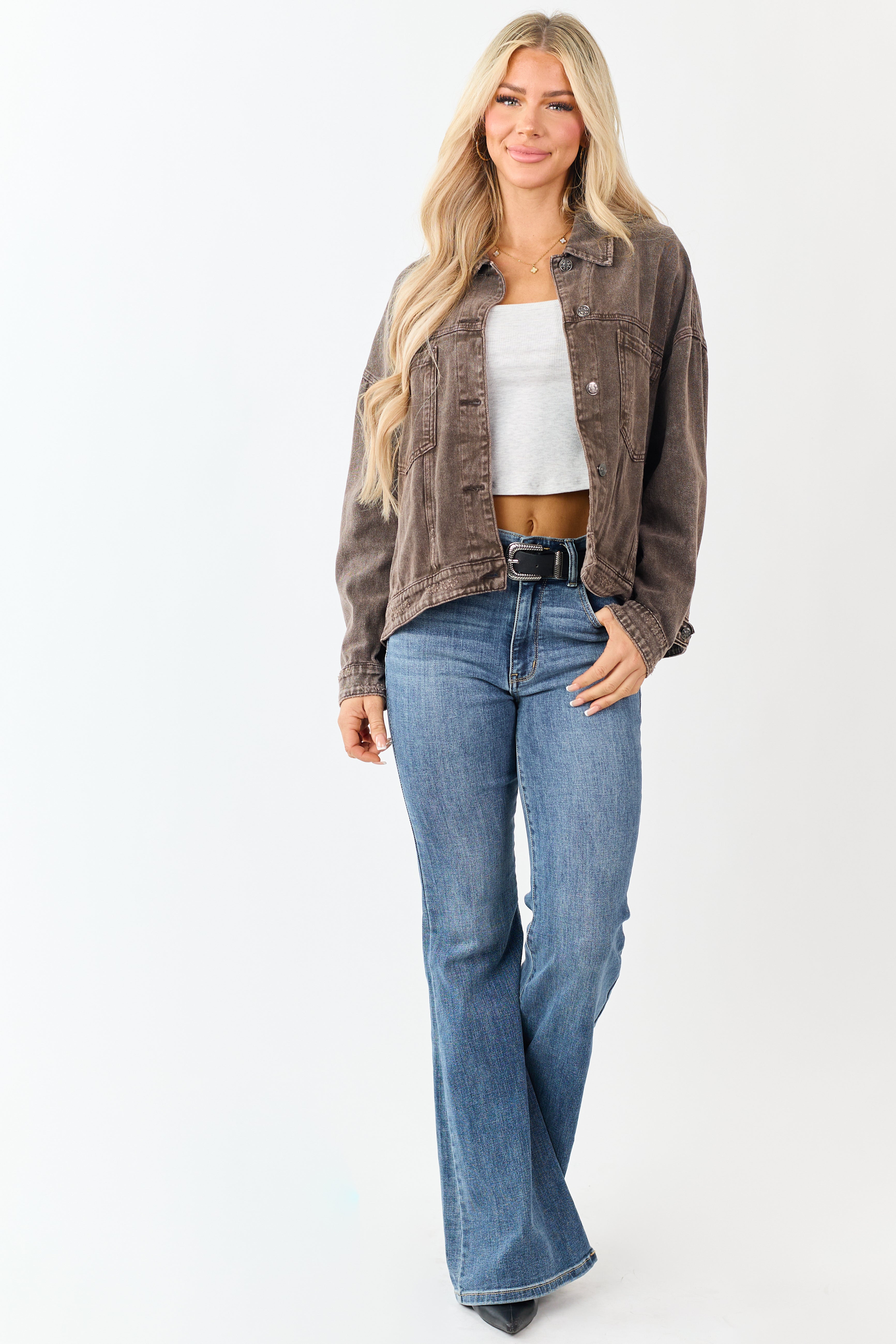 Washed Walnut Denim Lightly Distressed Shacket