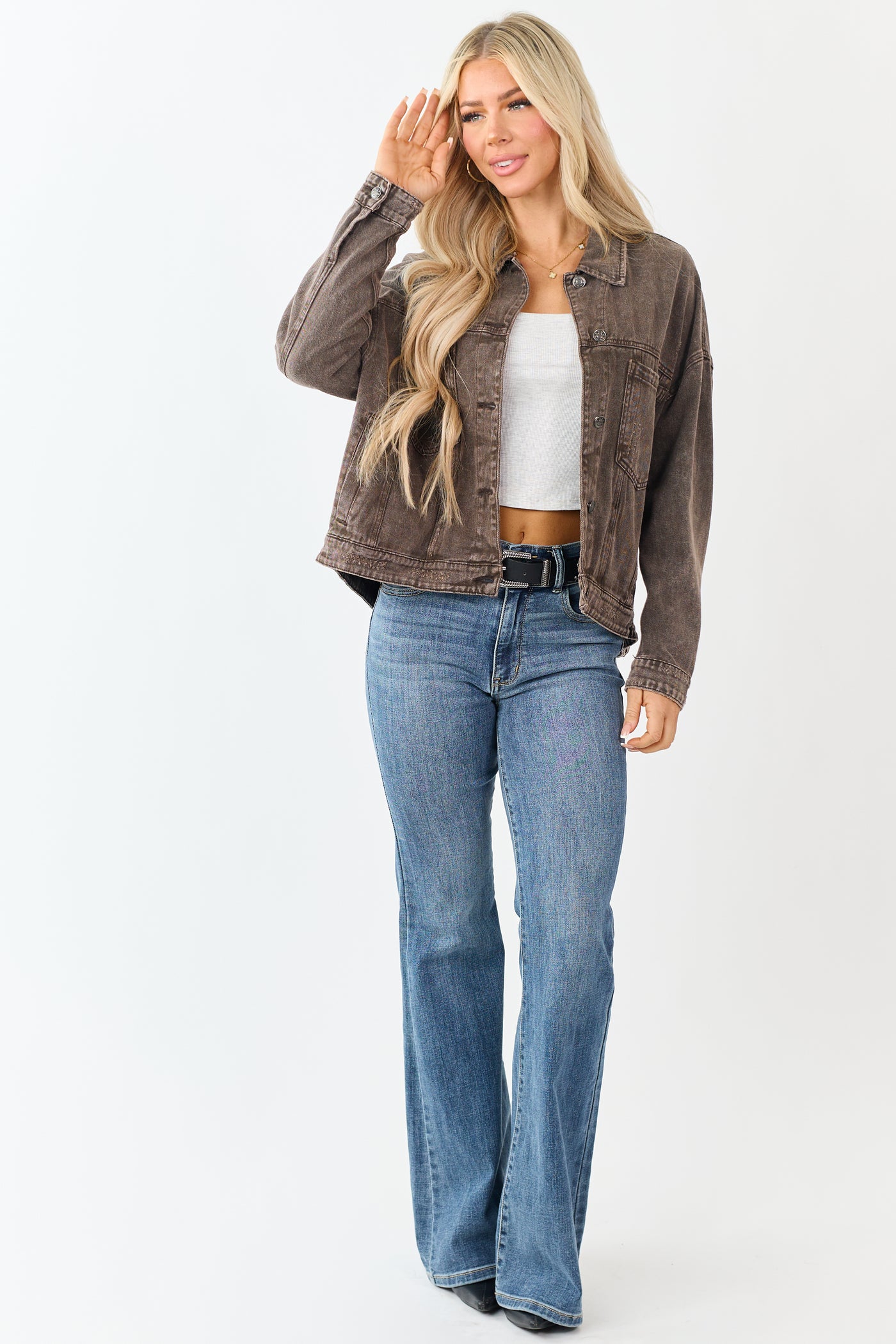 Washed Walnut Denim Lightly Distressed Shacket