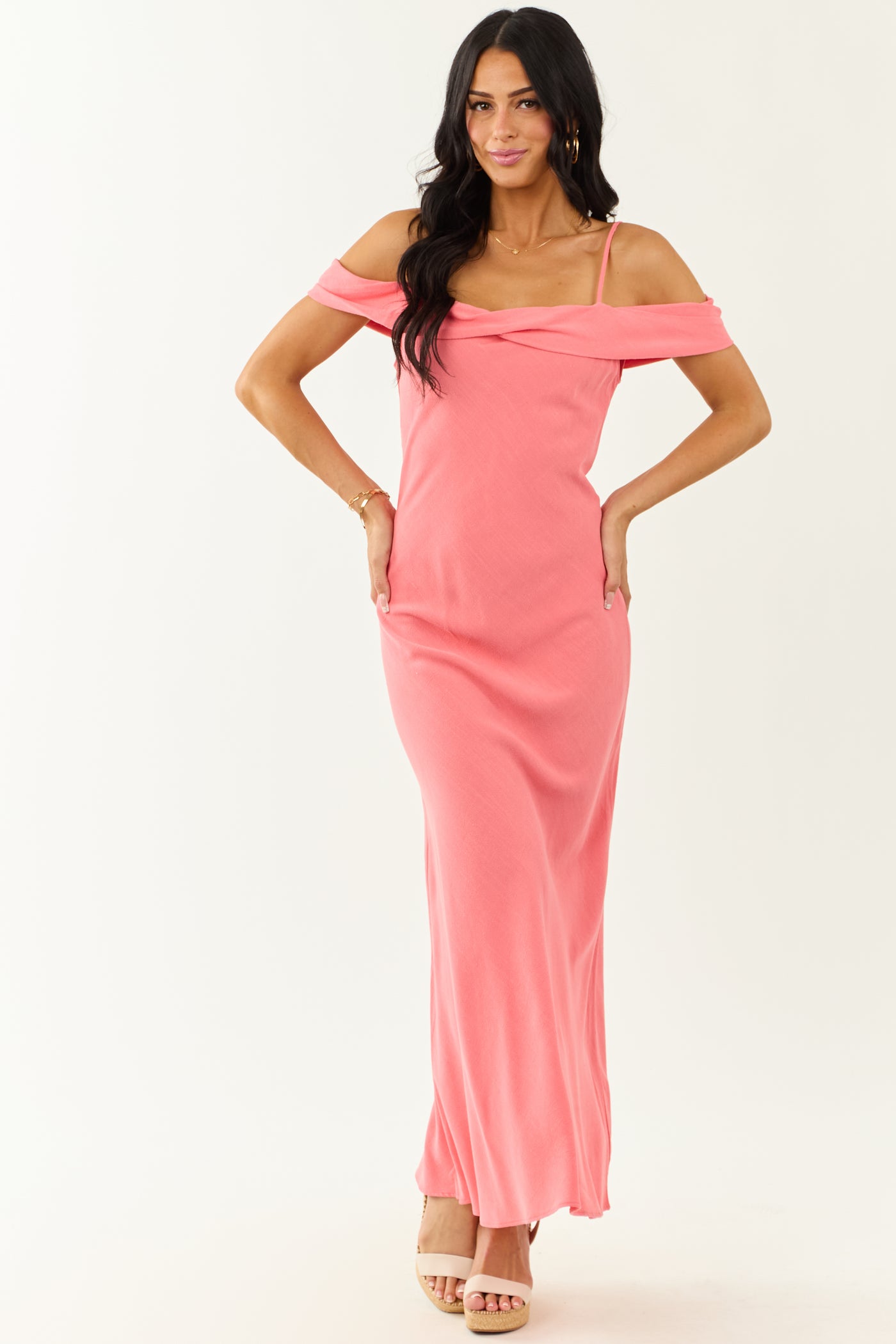 Watermelon Cold Shoulder Overlay Maxi Dress Watermelon Cold Shoulder Overlay Maxi Dress