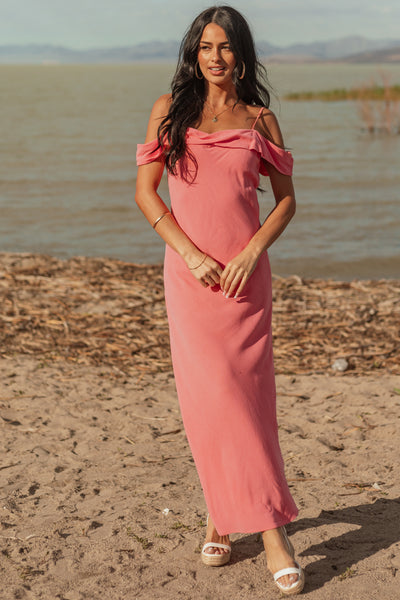 Watermelon Cold Shoulder Overlay Maxi Dress
