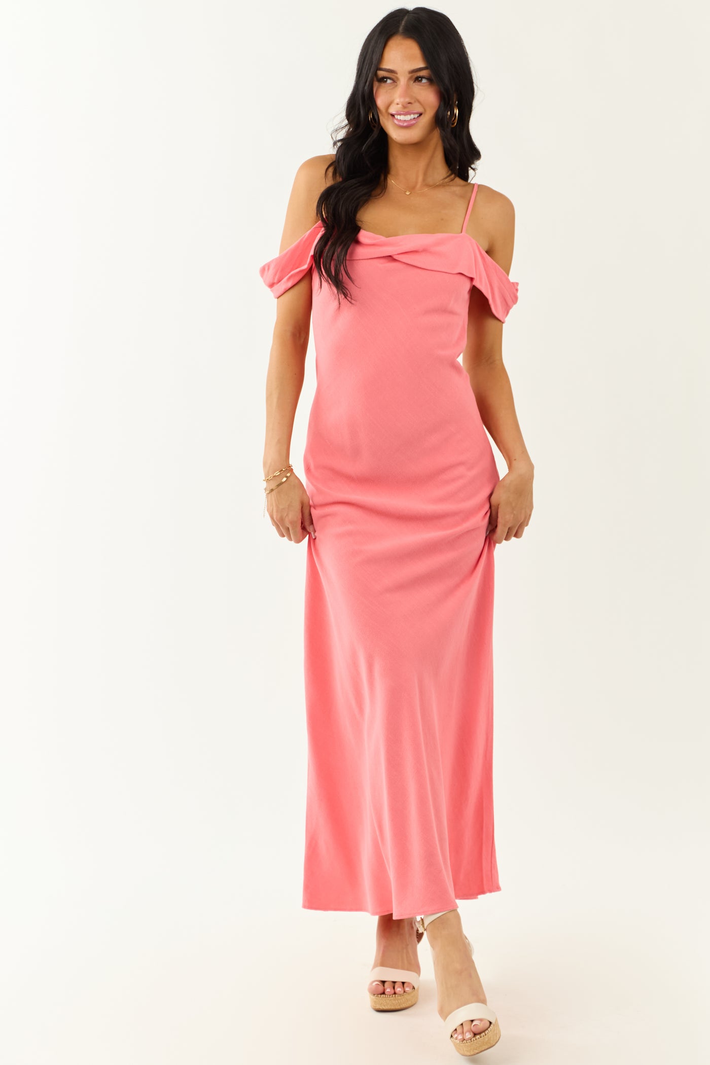 Watermelon Cold Shoulder Overlay Maxi Dress Watermelon Cold Shoulder Overlay Maxi Dress
