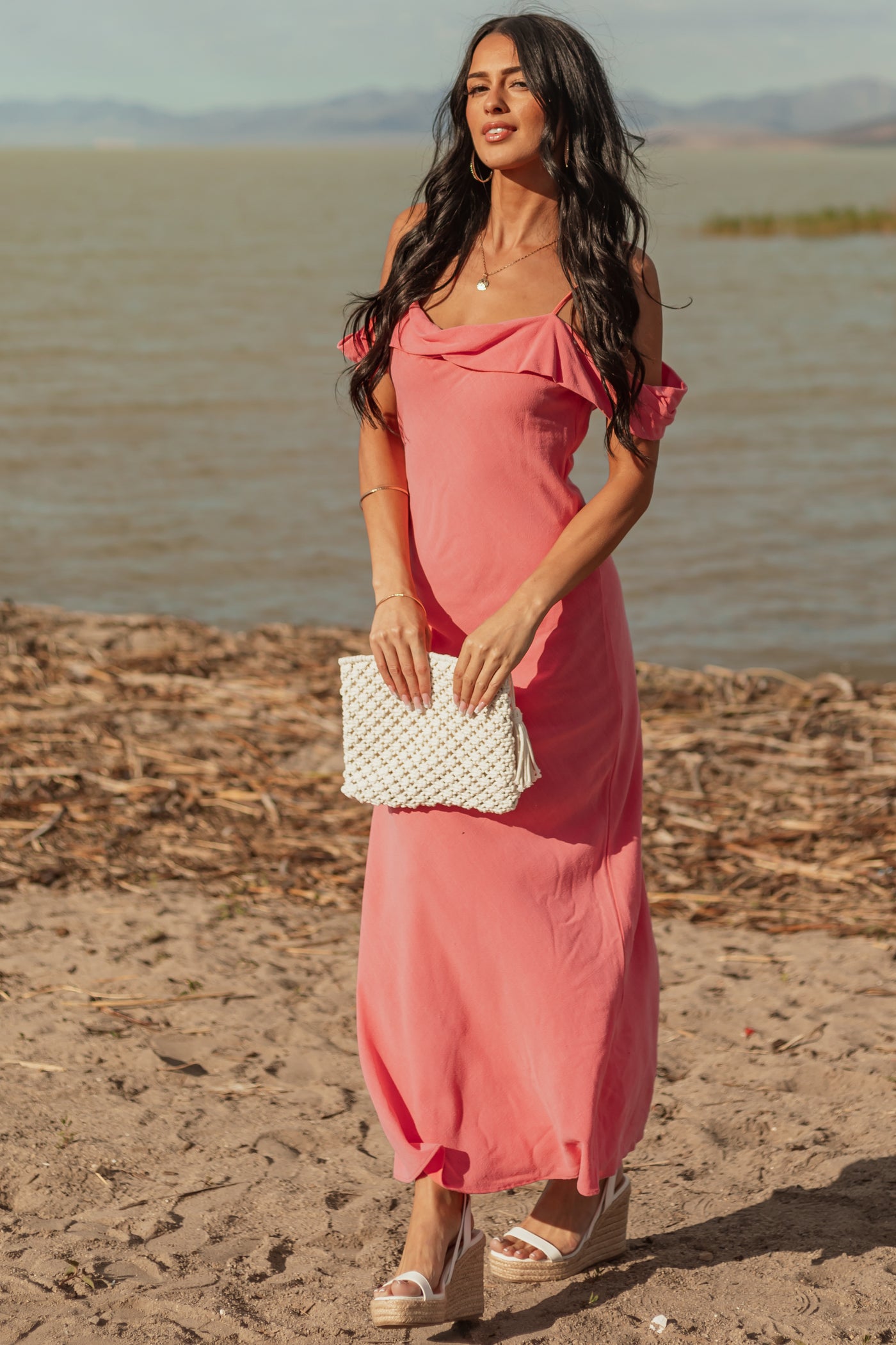 Watermelon Cold Shoulder Overlay Maxi Dress Watermelon Cold Shoulder Overlay Maxi Dress