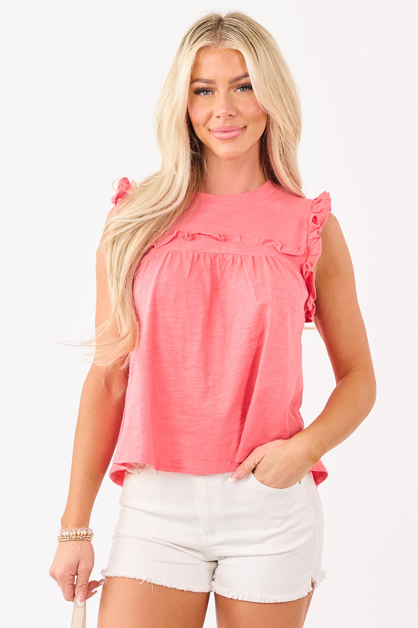 Watermelon Cotton Ruffle Trim Round Neck Tank Top