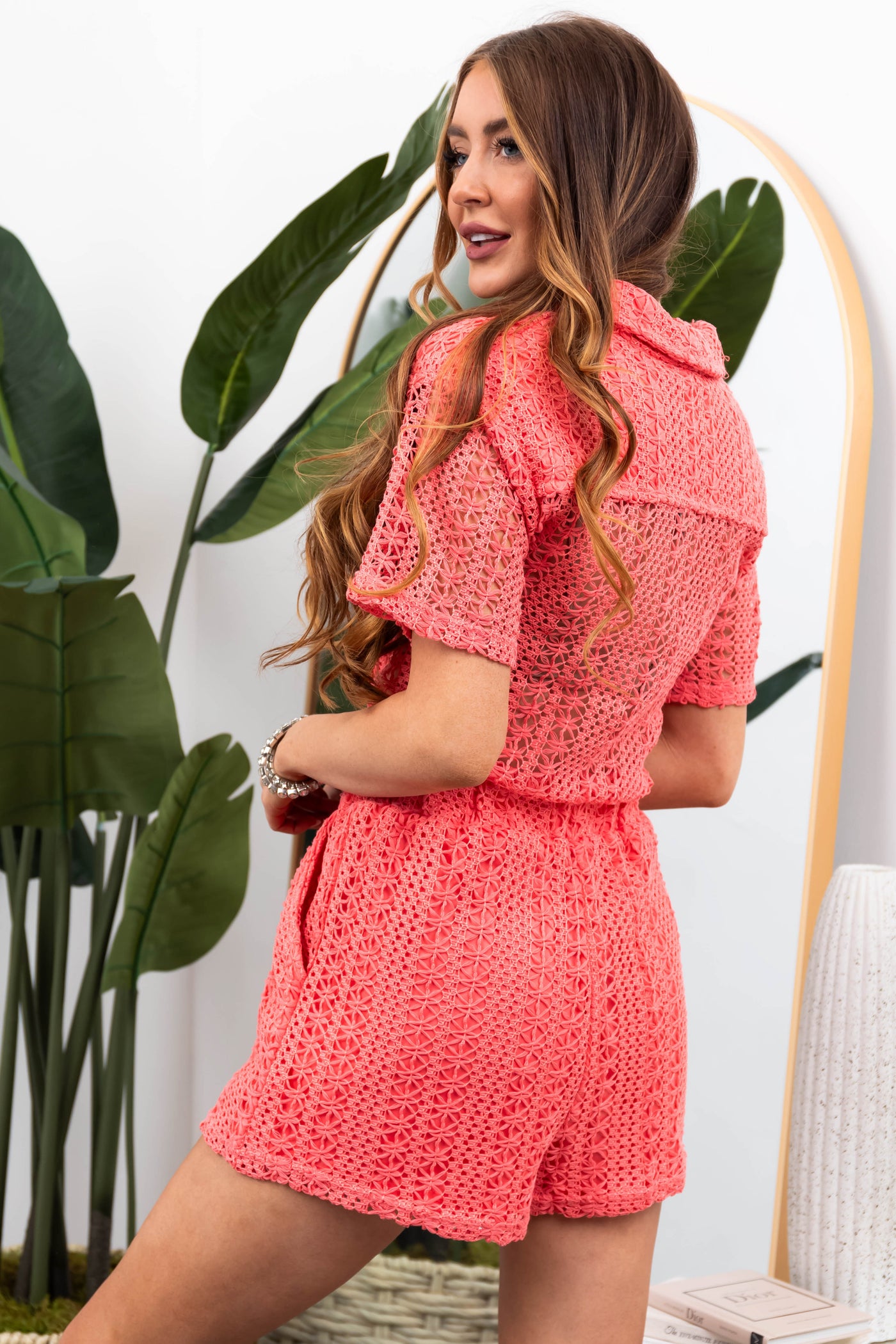 Watermelon Crochet Button Down Collared Romper