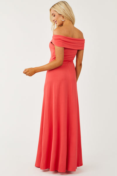 Watermelon Front Slit Off Shoulder Maxi Dress