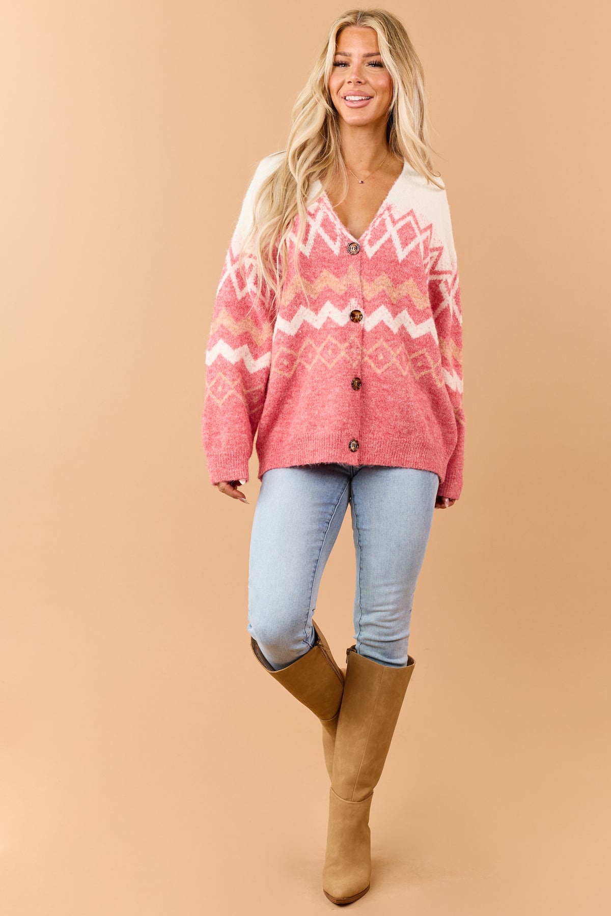 Watermelon Pink Geometric Button Down Cardigan