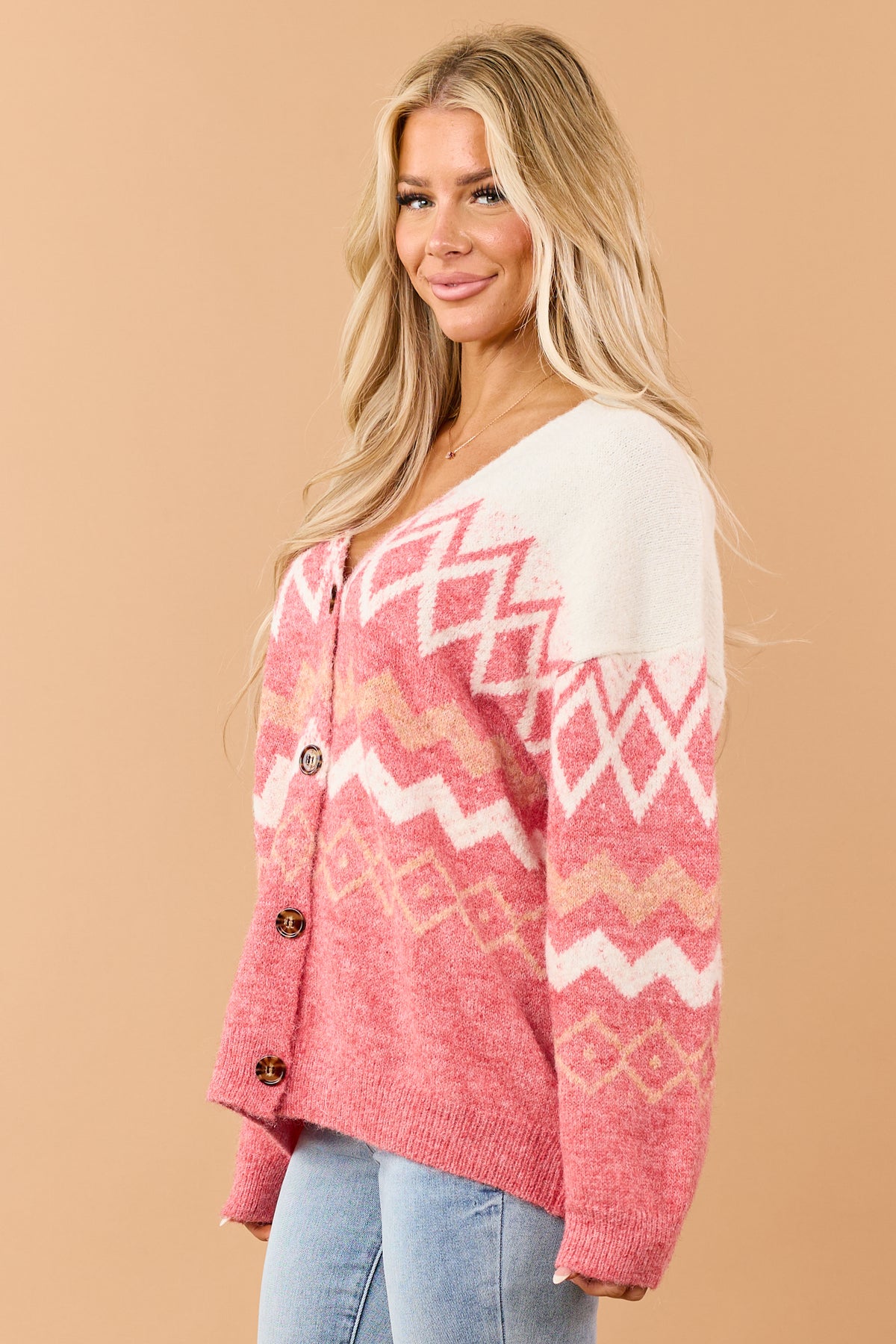 Watermelon Pink Geometric Button Down Cardigan