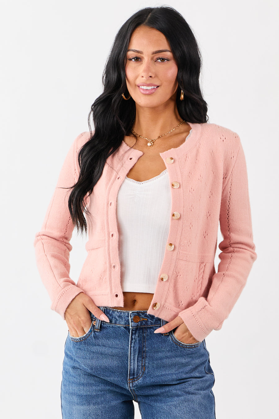 Watermelon Pointelle Button Down Long Sleeve Cardigan
