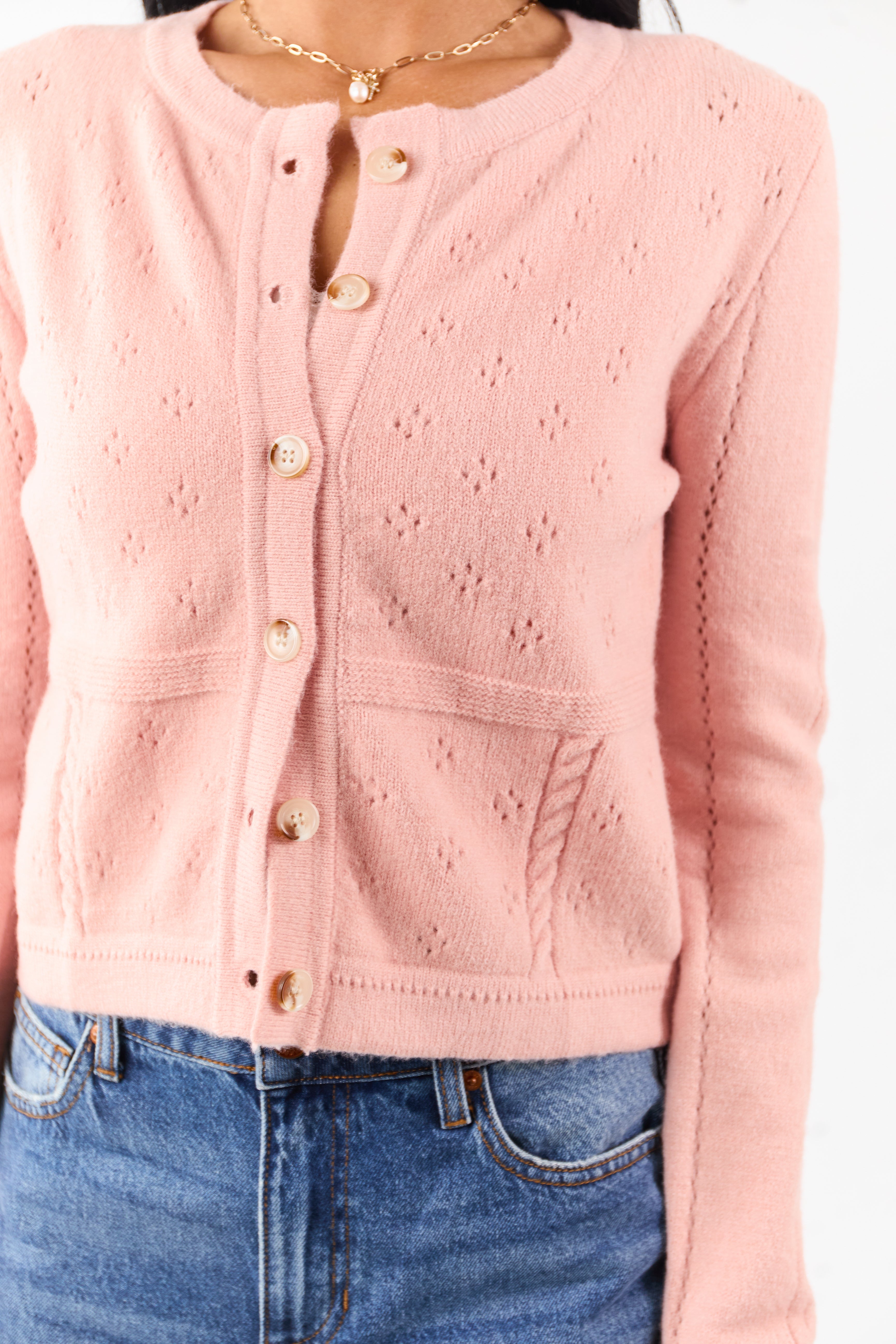 Watermelon Pointelle Button Down Long Sleeve Cardigan