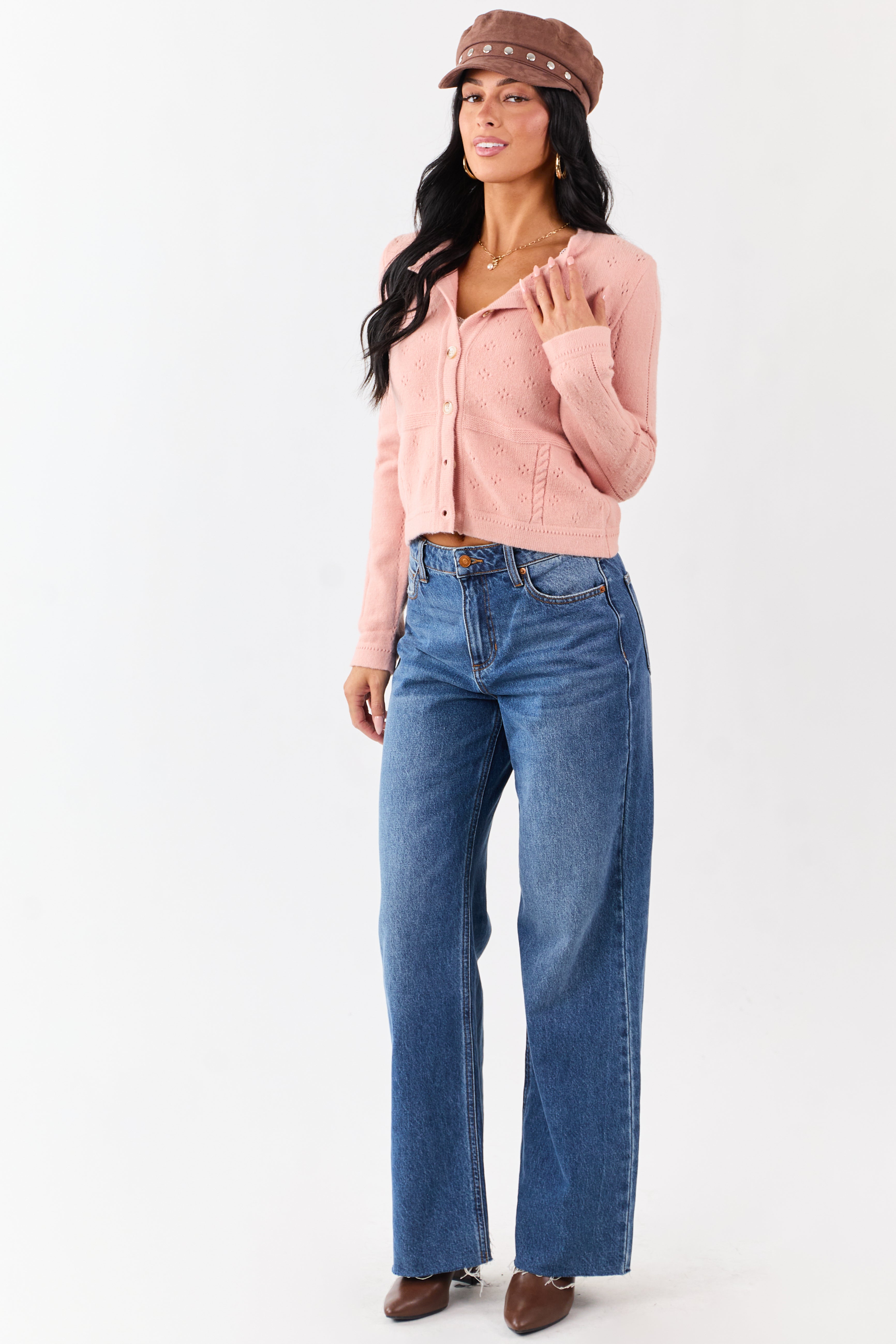 Watermelon Pointelle Button Down Long Sleeve Cardigan