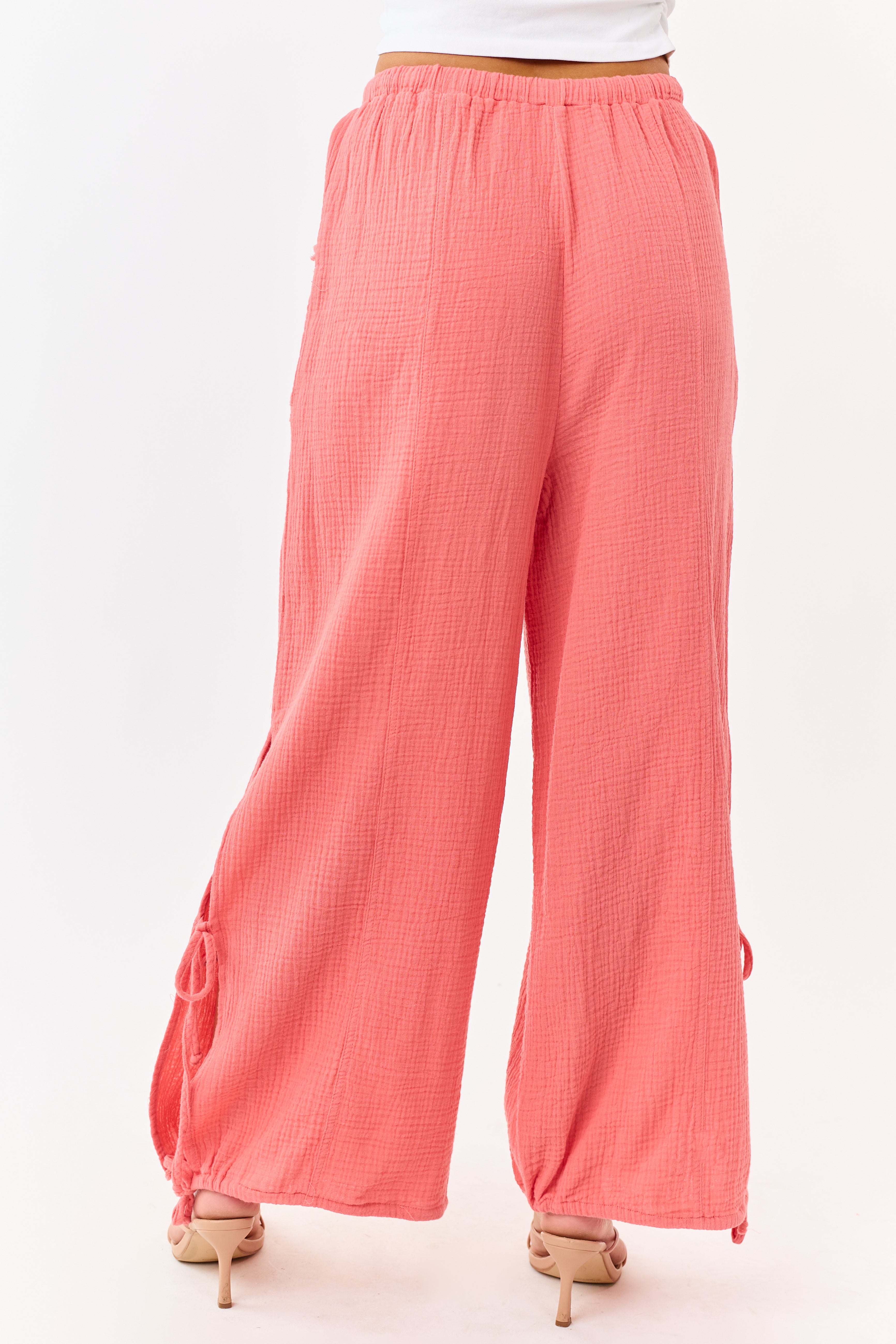 Watermelon Side Tie Cotton Gauze Wide Leg Pants