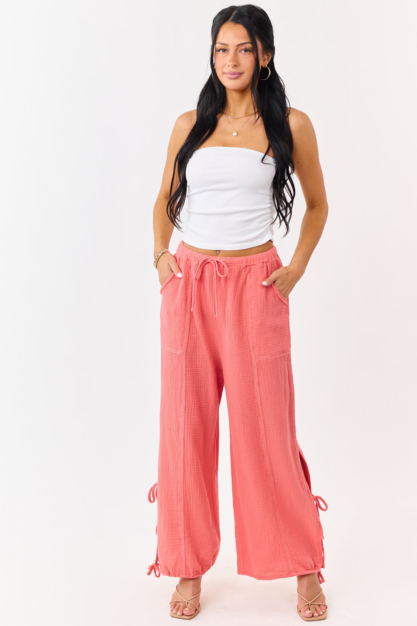 Watermelon Side Tie Cotton Gauze Wide Leg Pants