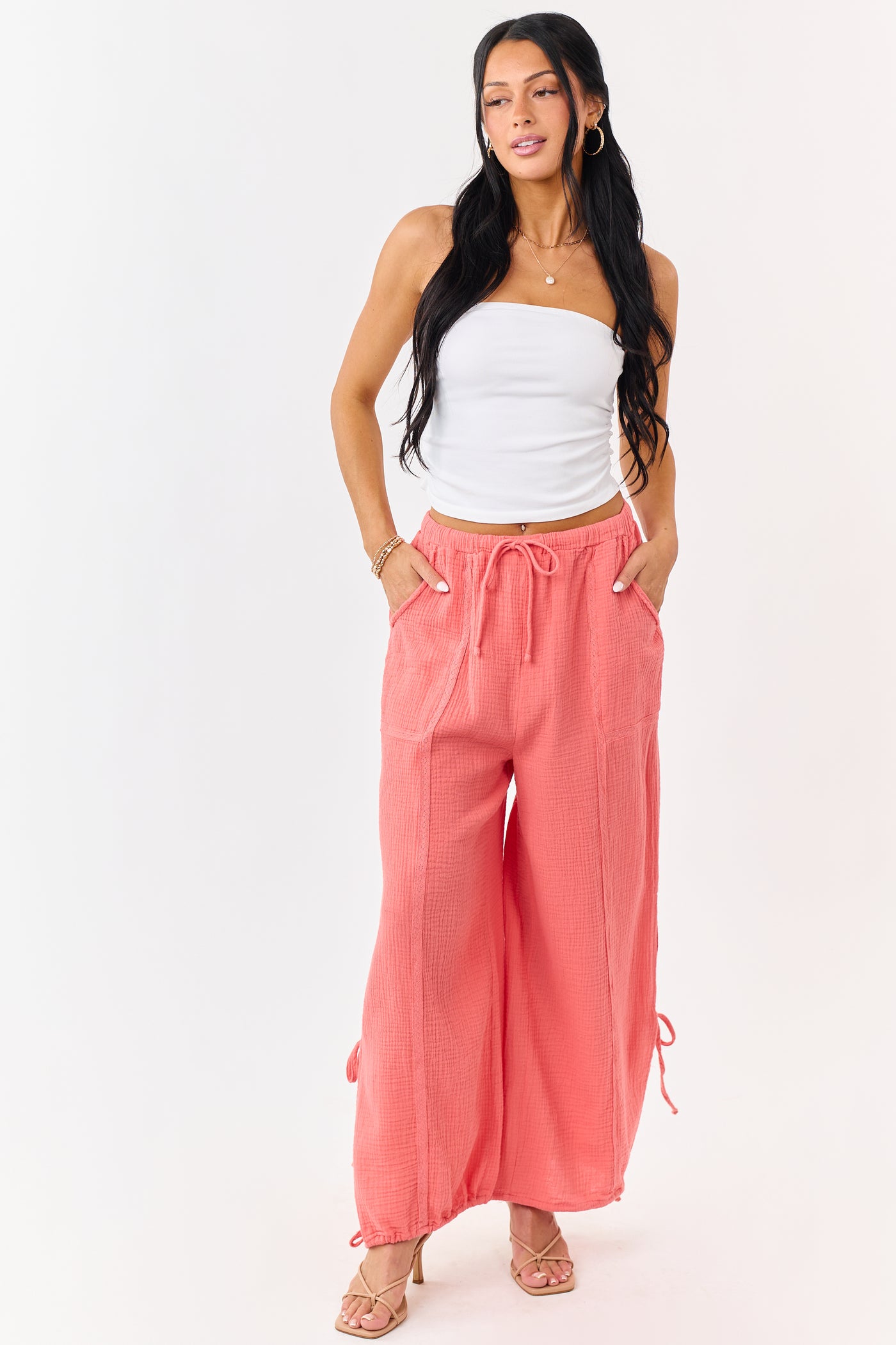 Watermelon Side Tie Cotton Gauze Wide Leg Pants