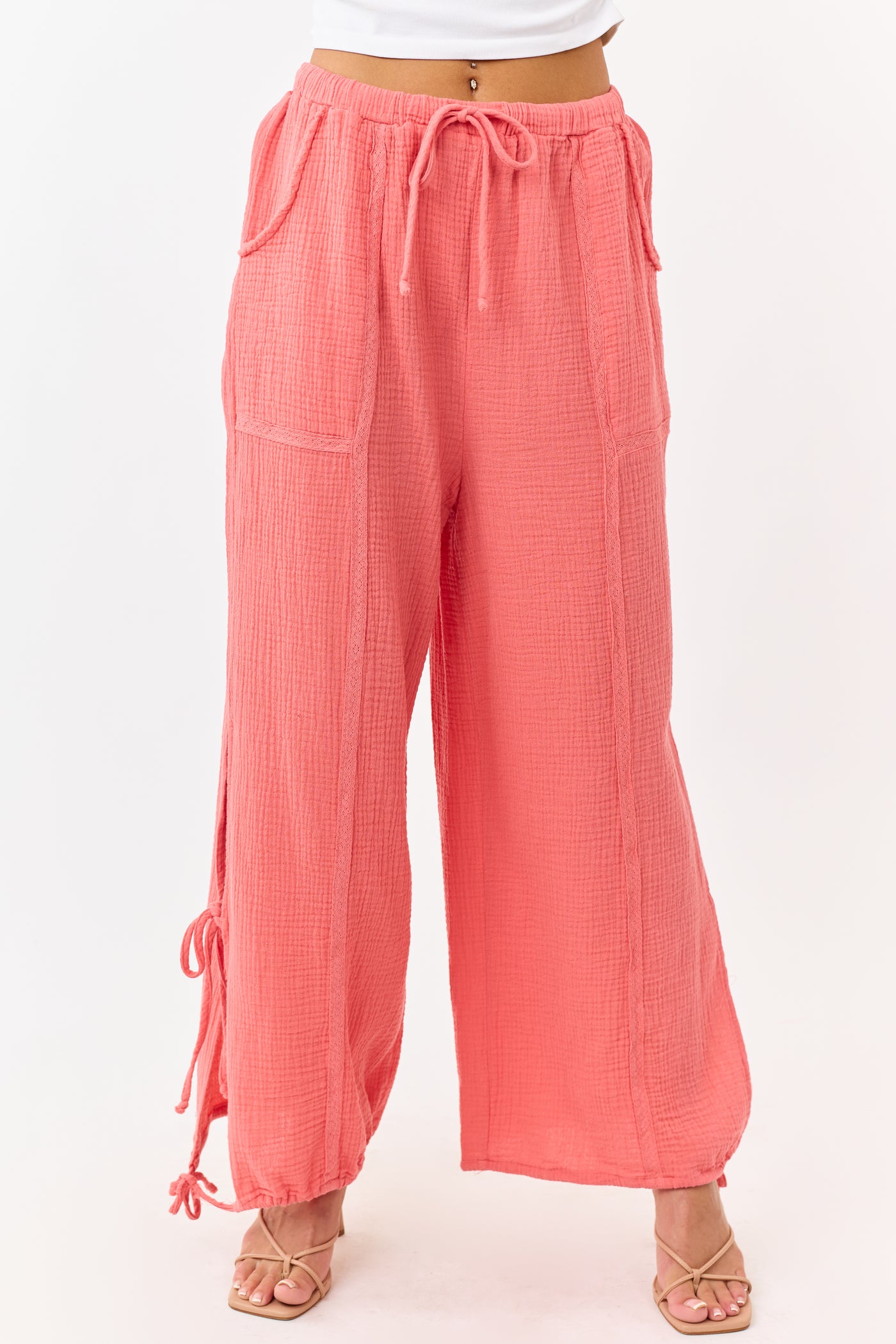 Watermelon Side Tie Cotton Gauze Wide Leg Pants