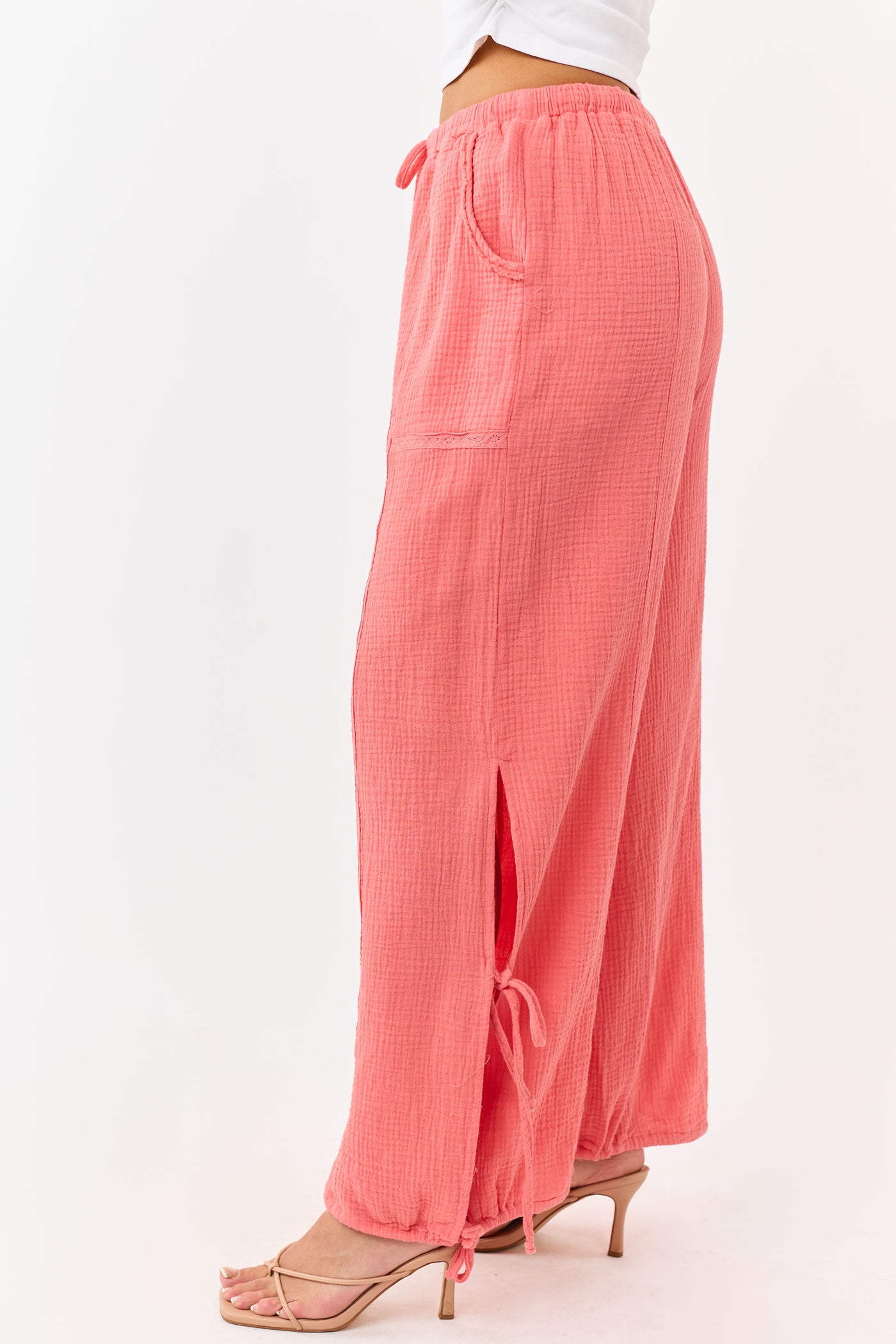 Watermelon Side Tie Cotton Gauze Wide Leg Pants