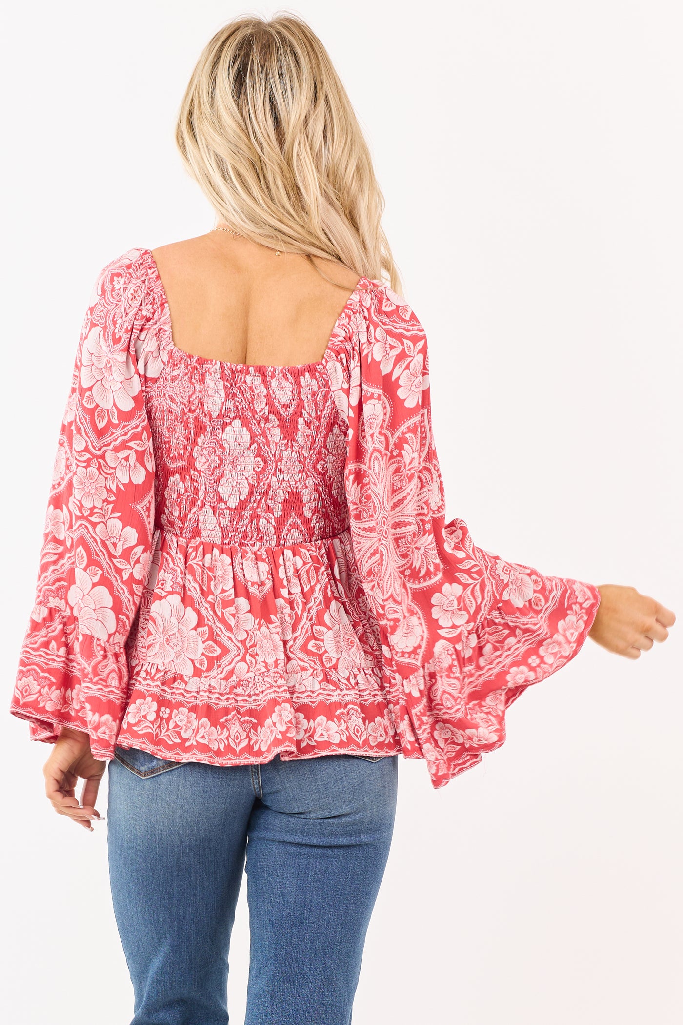 Watermelon Smocked Floral Print Flare Sleeve Top