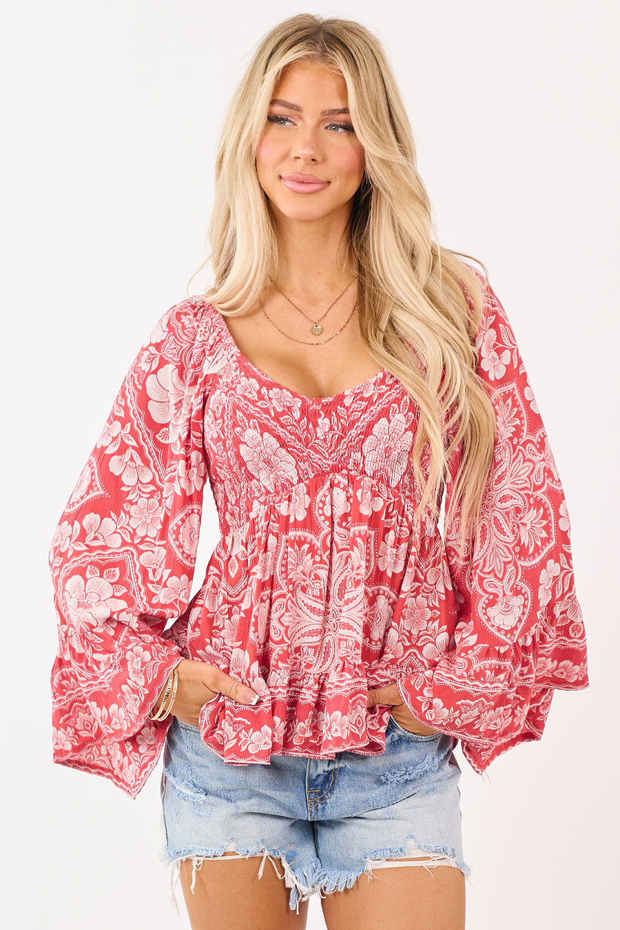 Watermelon Smocked Floral Print Flare Sleeve Top