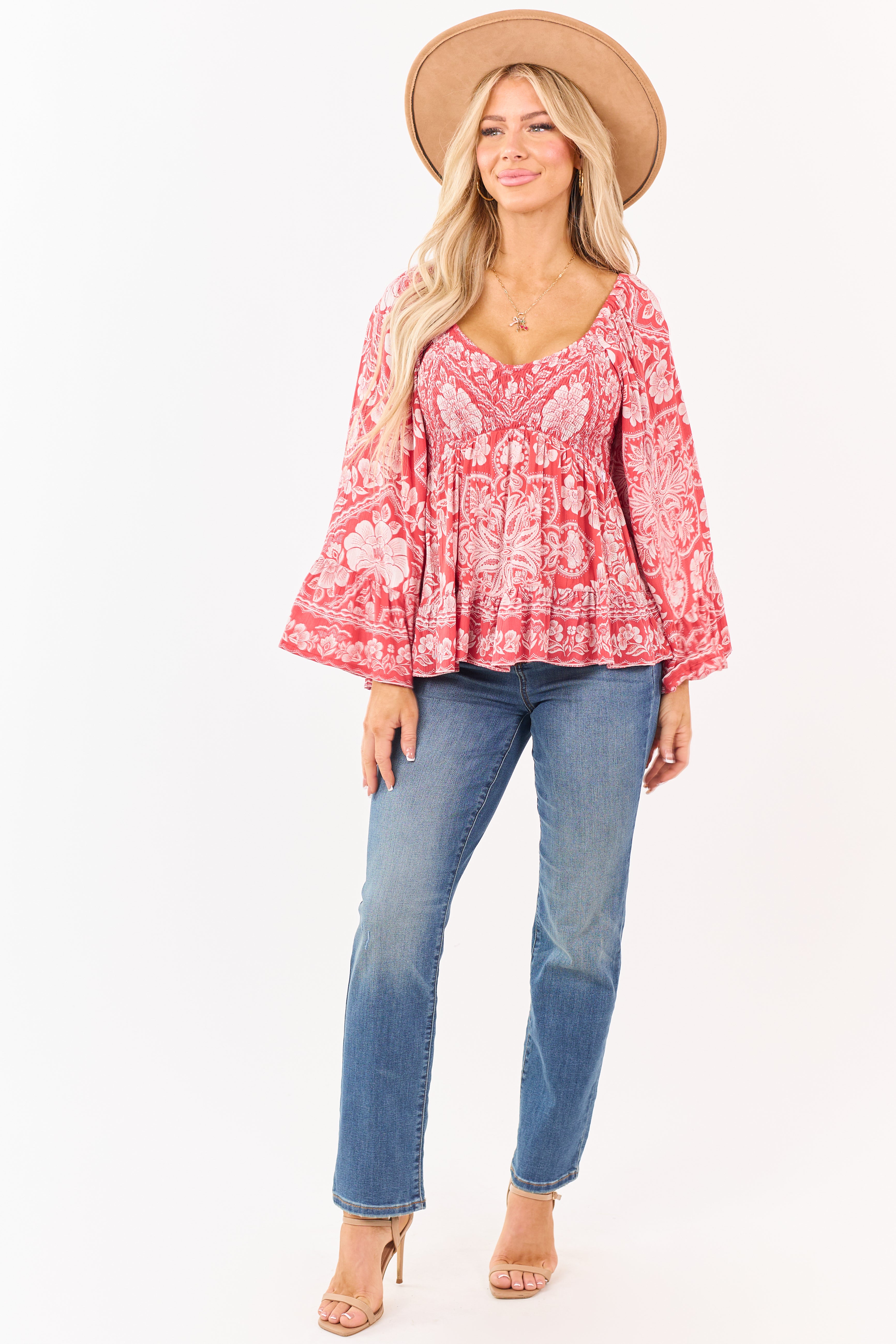 Watermelon Smocked Floral Print Flare Sleeve Top