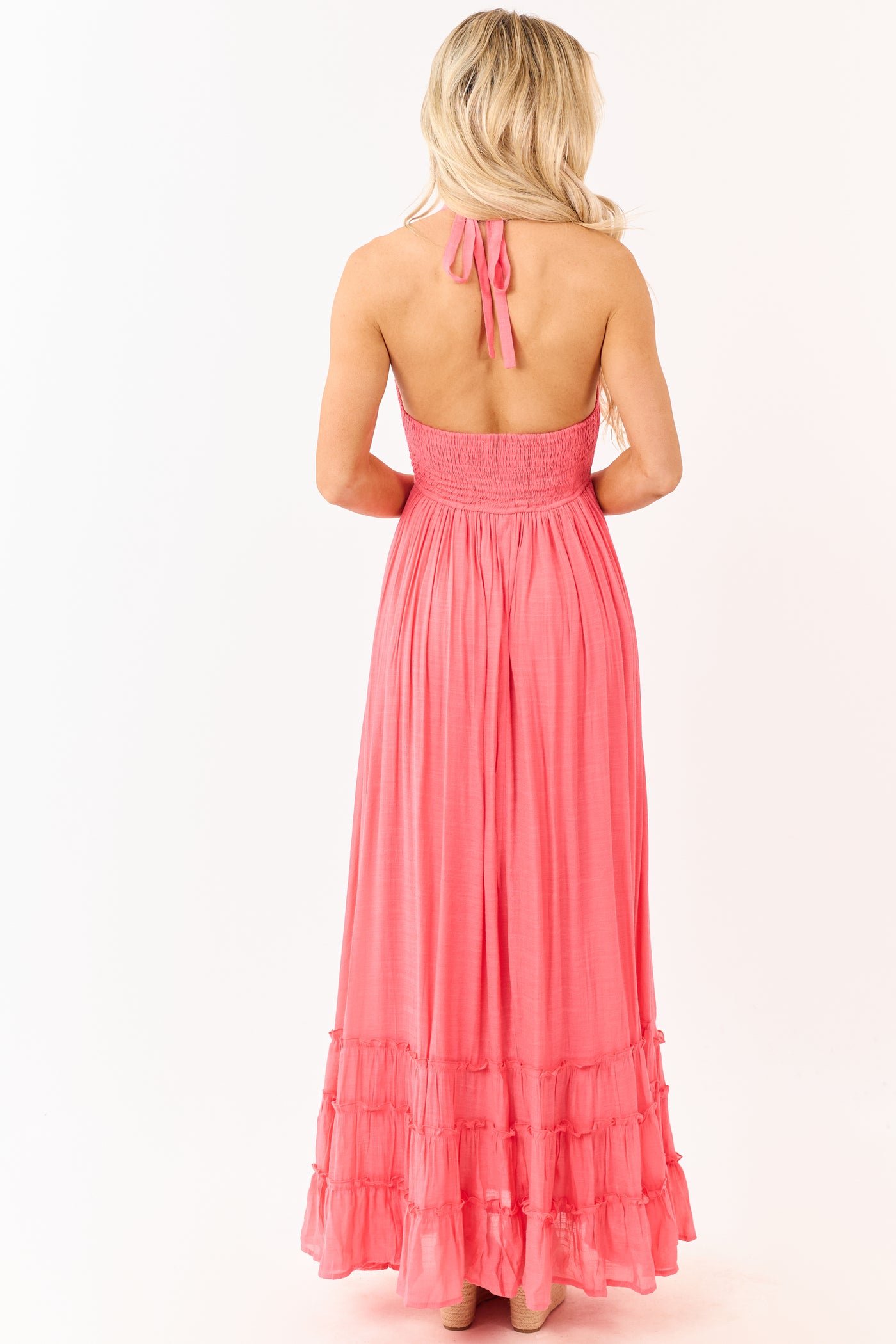 Watermelon Smocked Halter Neck Flowy Maxi Dress