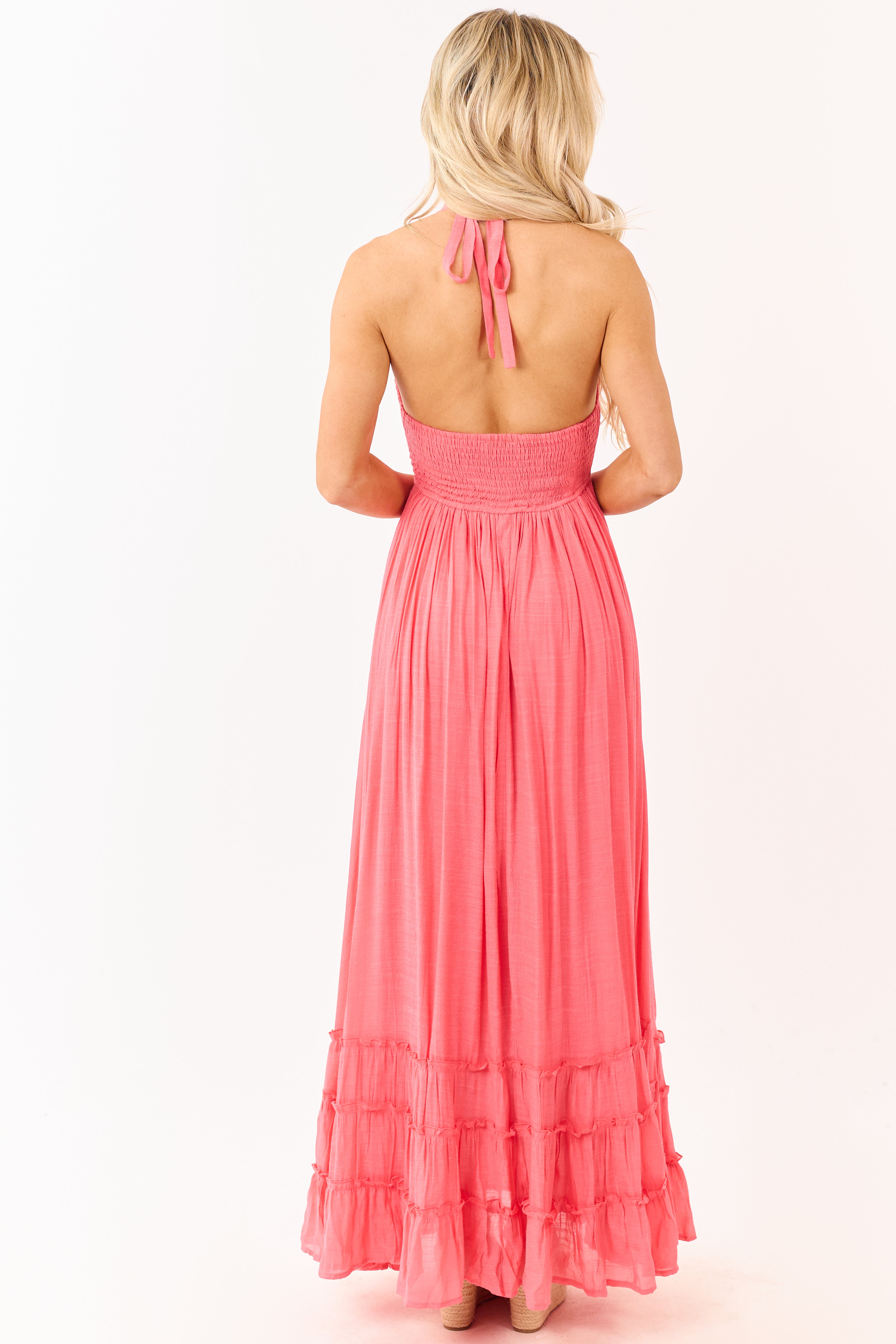Watermelon Smocked Halter Neck Flowy Maxi Dress