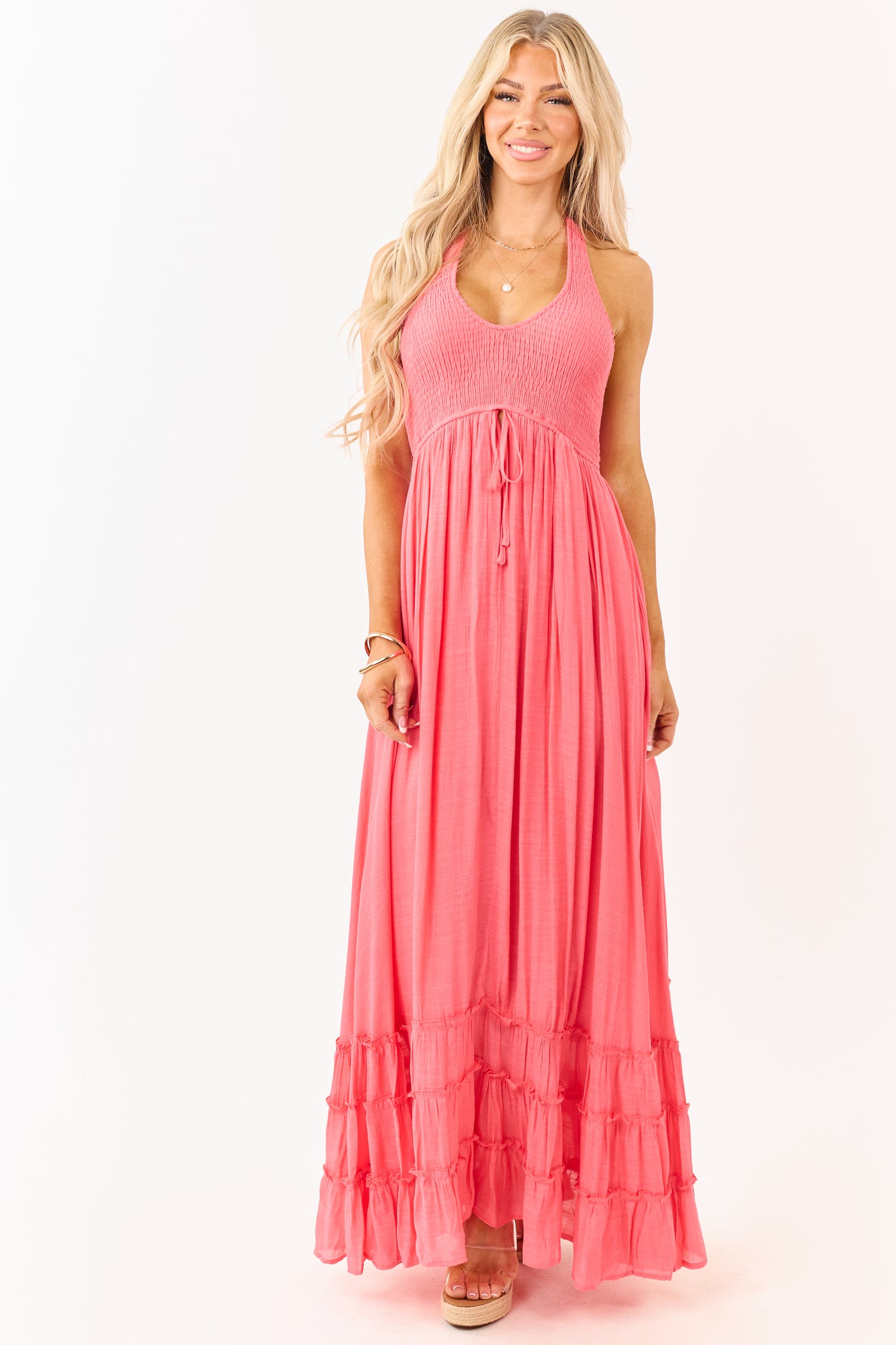 Watermelon Smocked Halter Neck Flowy Maxi Dress