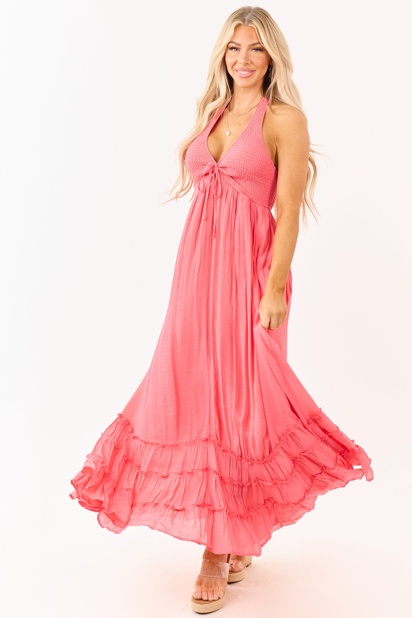 Watermelon Smocked Halter Neck Flowy Maxi Dress