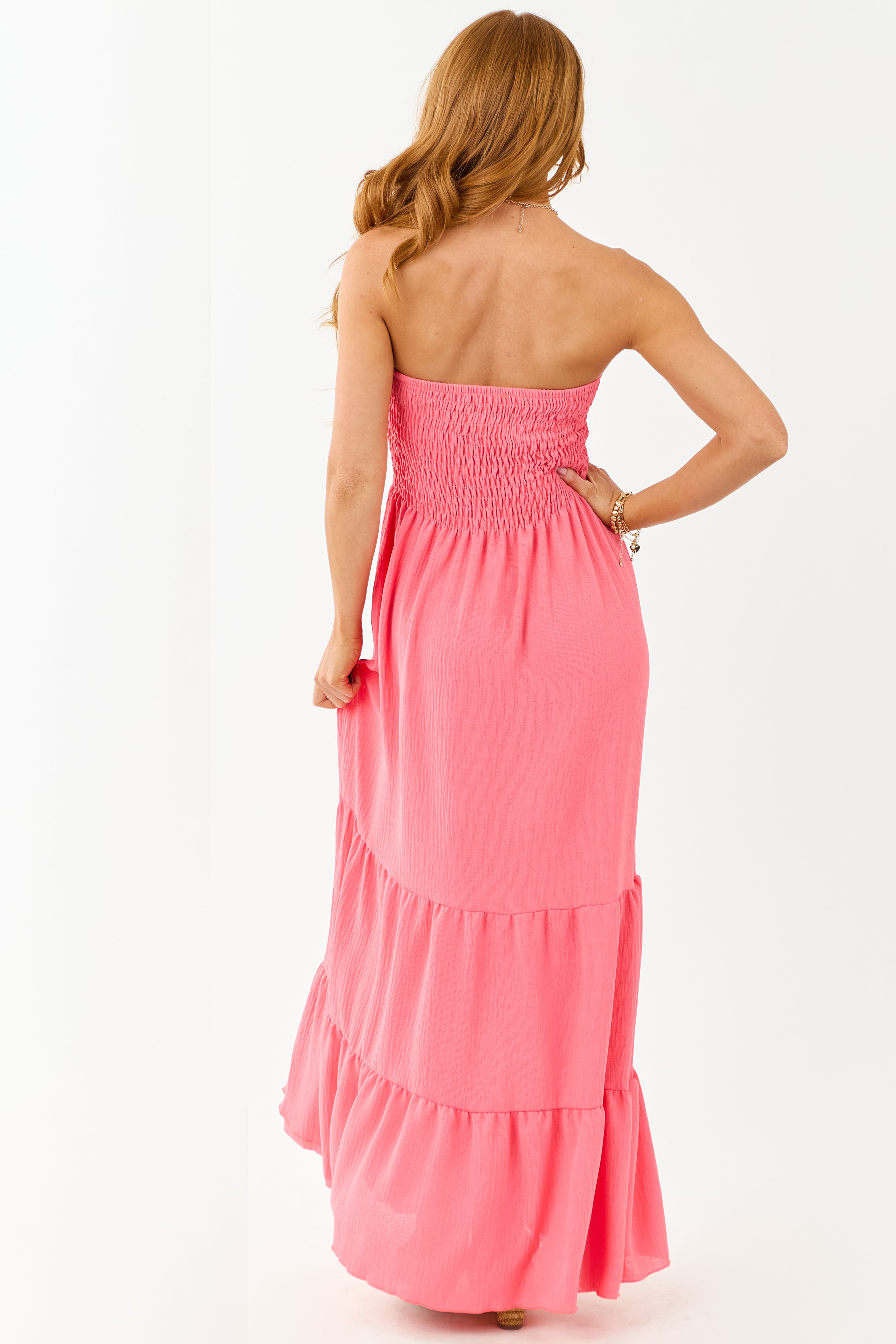Watermelon Smocked Tiered Strapless Maxi Dress