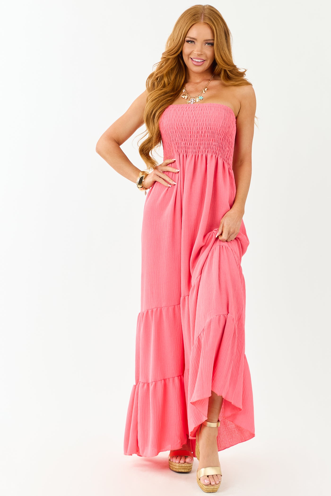 Watermelon Smocked Tiered Strapless Maxi Dress