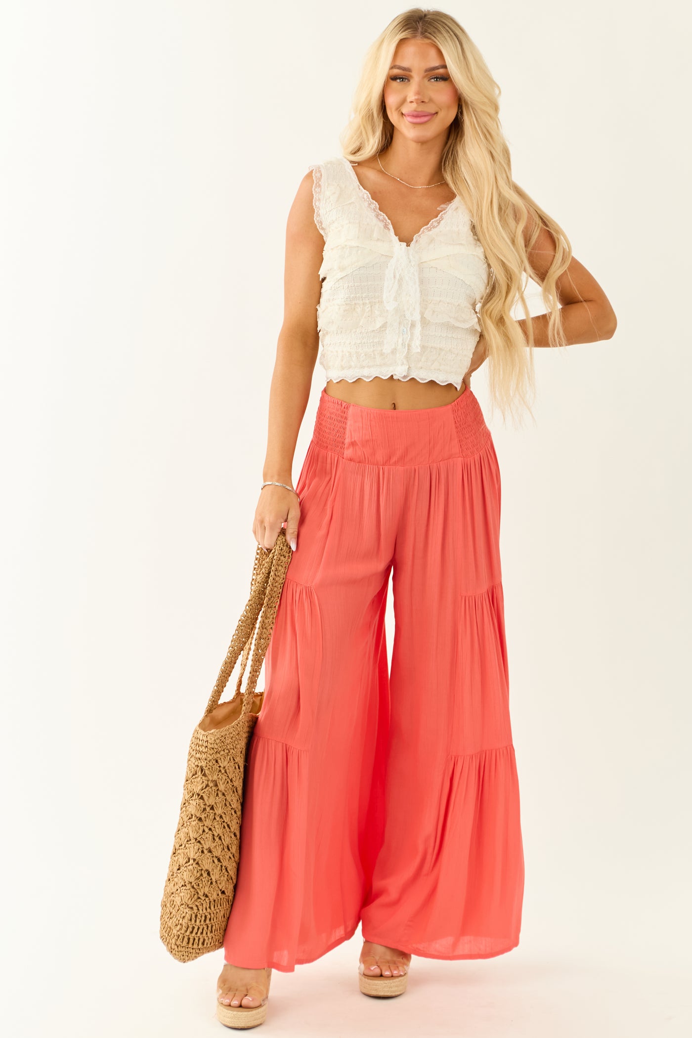 Watermelon Smocked Tiered Super Wide Leg Pants
