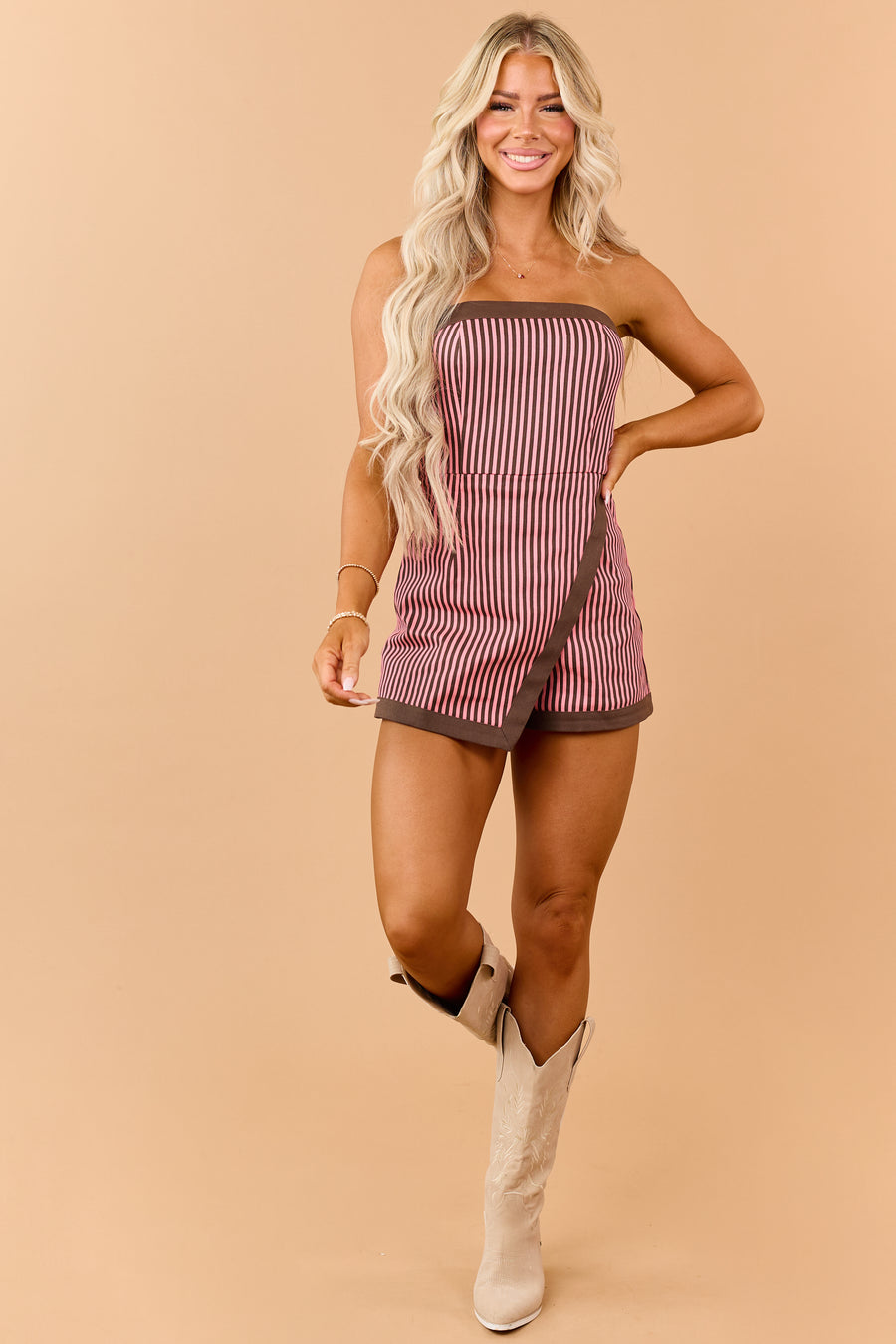 Watermelon Striped Denim Wrap Around Romper