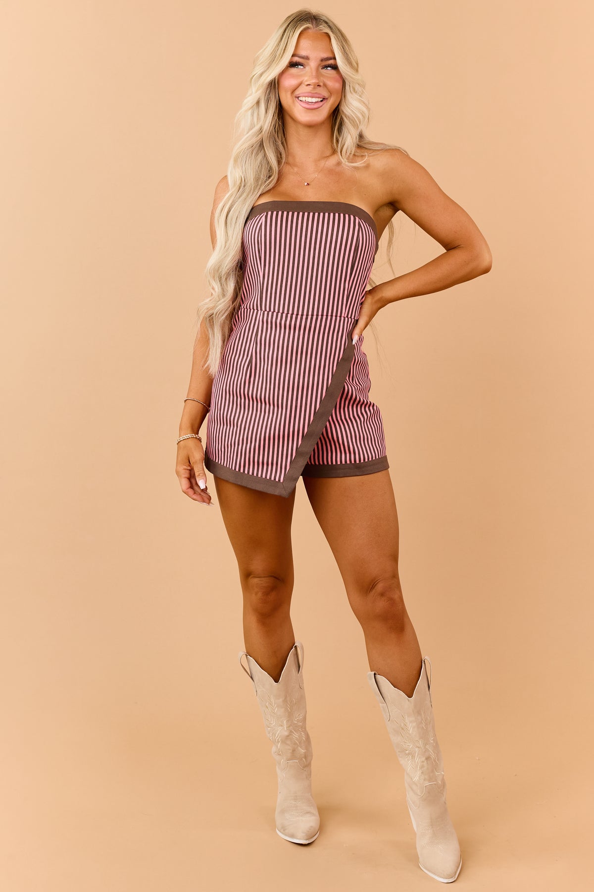 Watermelon Striped Denim Wrap Around Romper