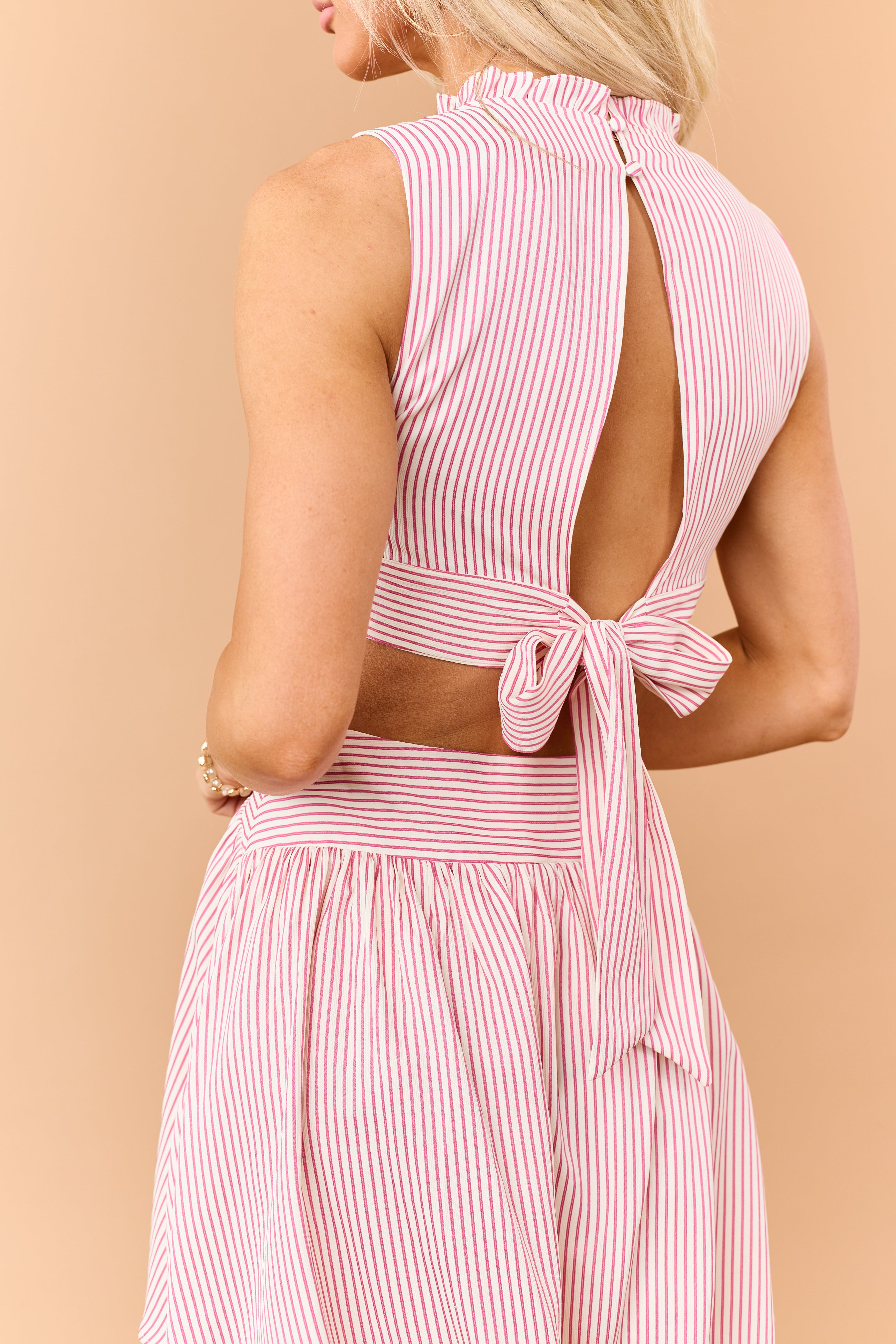 Watermelon Striped Open Back Halter Mini Dress