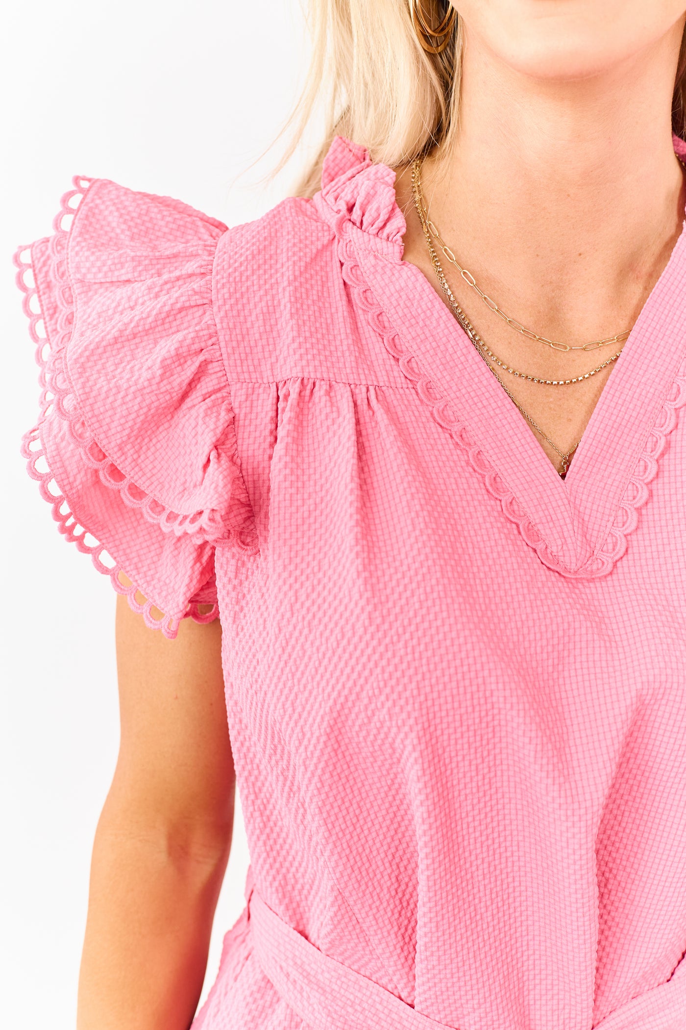 Watermelon Textured V Neck Ruffle Mini Dress
