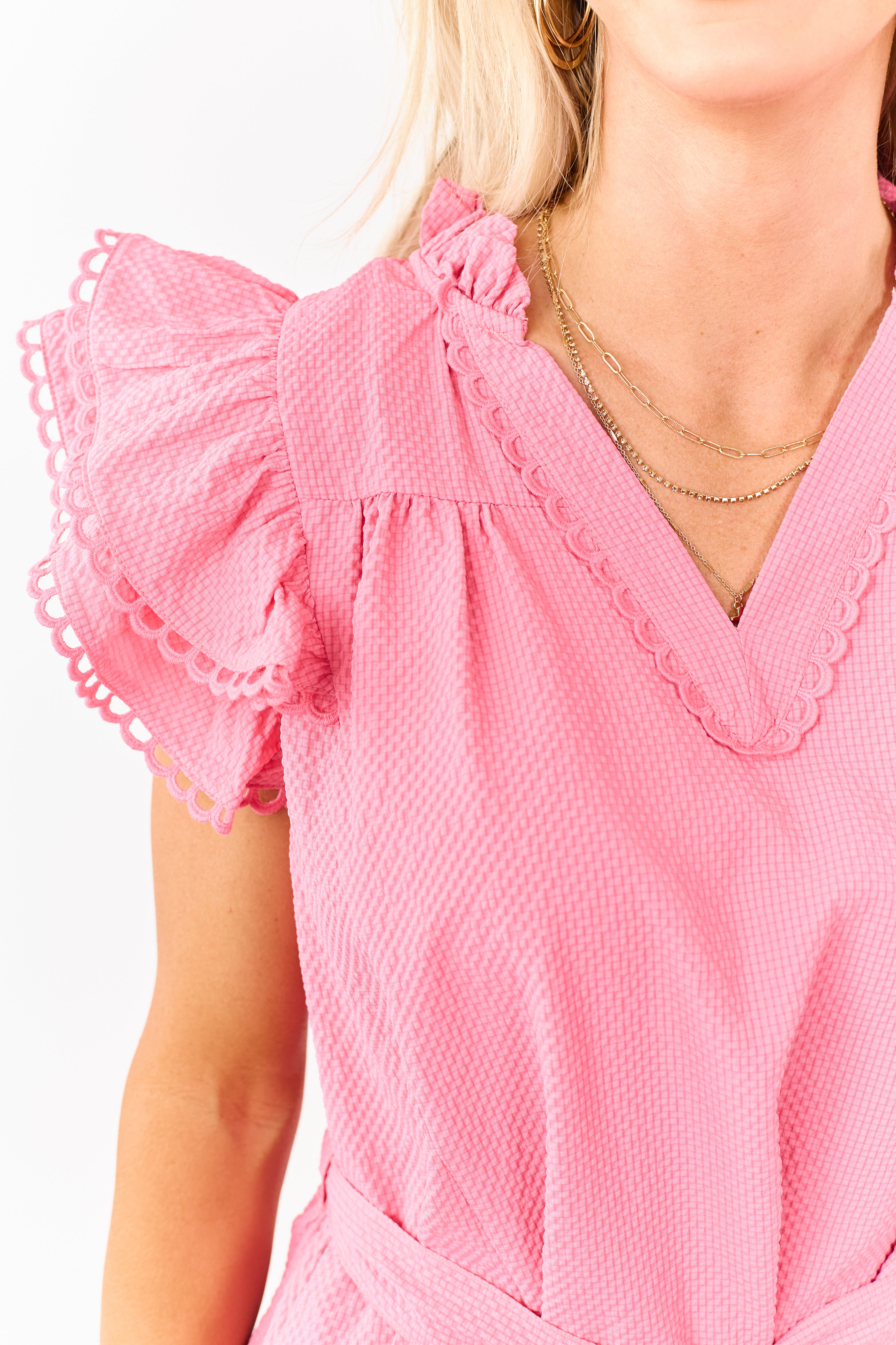 Watermelon Textured V Neck Ruffle Mini Dress