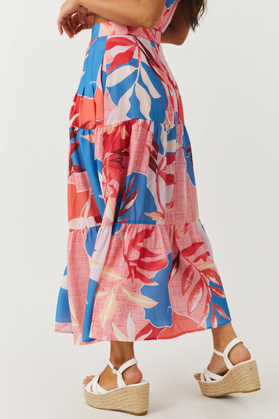 Watermelon Tropical Print Tiered Midi Skirt