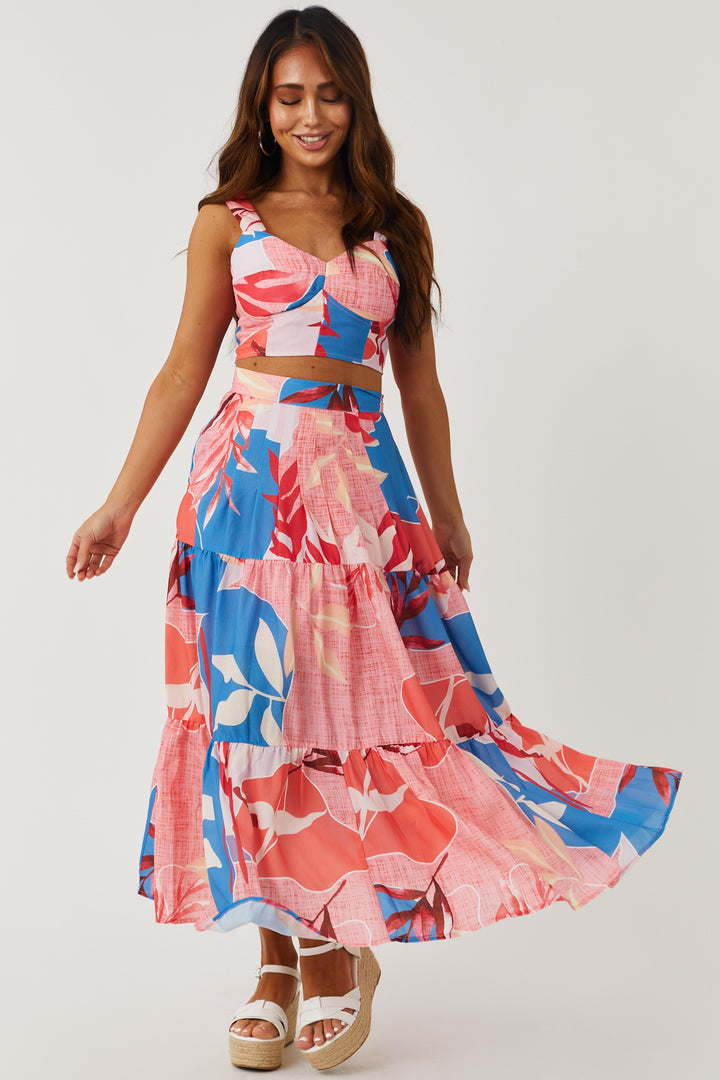 Watermelon Tropical Print Tiered Midi Skirt