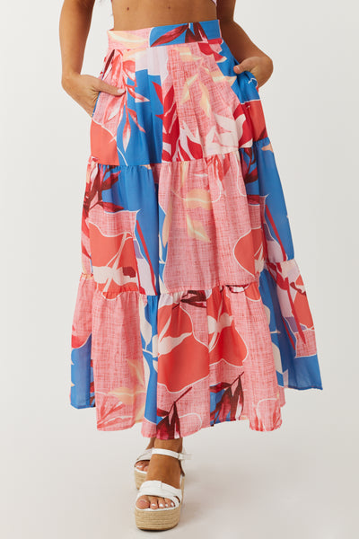 Watermelon Tropical Print Tiered Midi Skirt