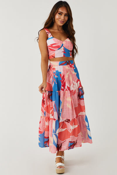 Watermelon Tropical Print Tiered Midi Skirt