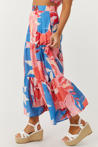 Watermelon Tropical Print Tiered Midi Skirt