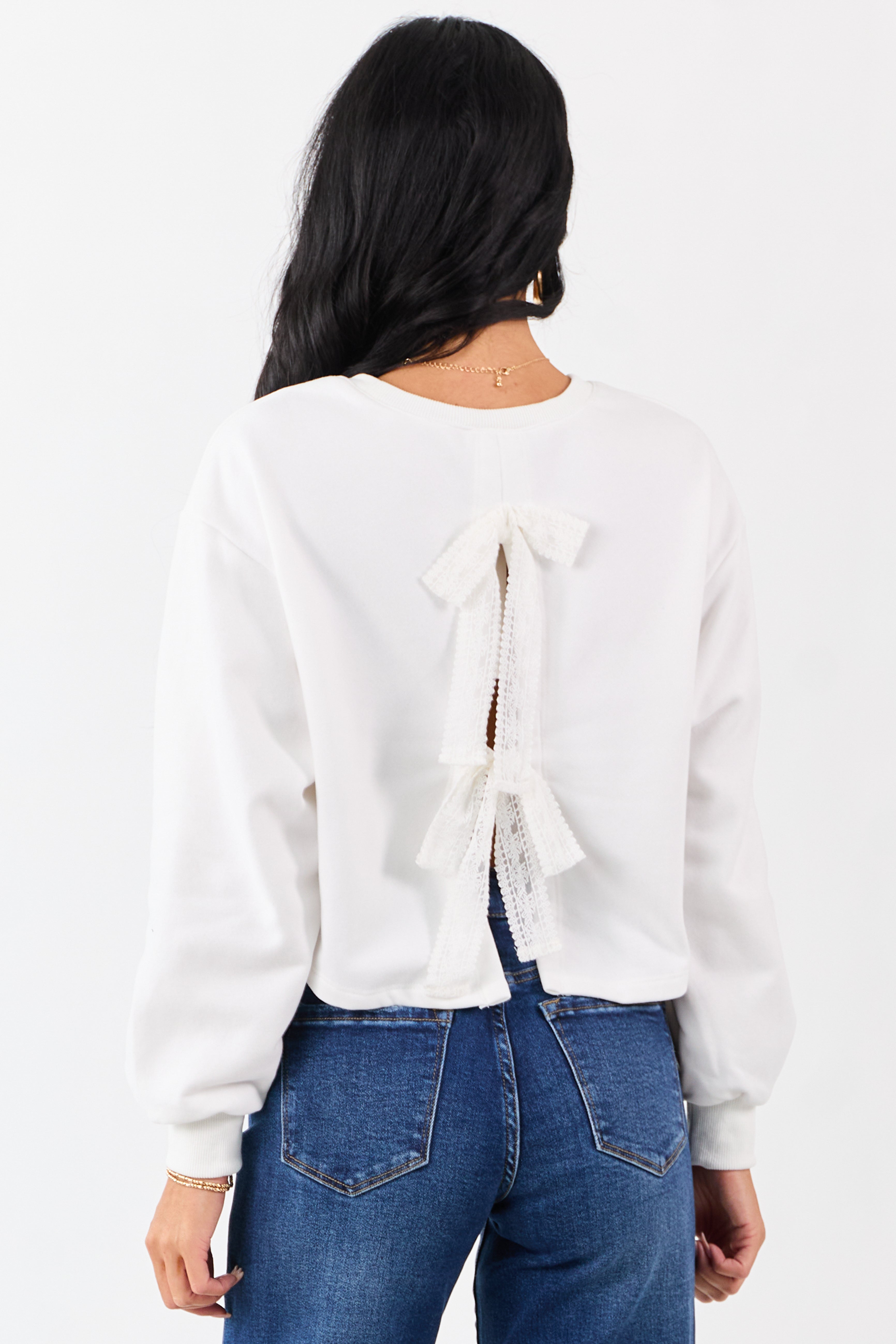 White Back Slit Lace Bow Boxy Sweatshirt Top