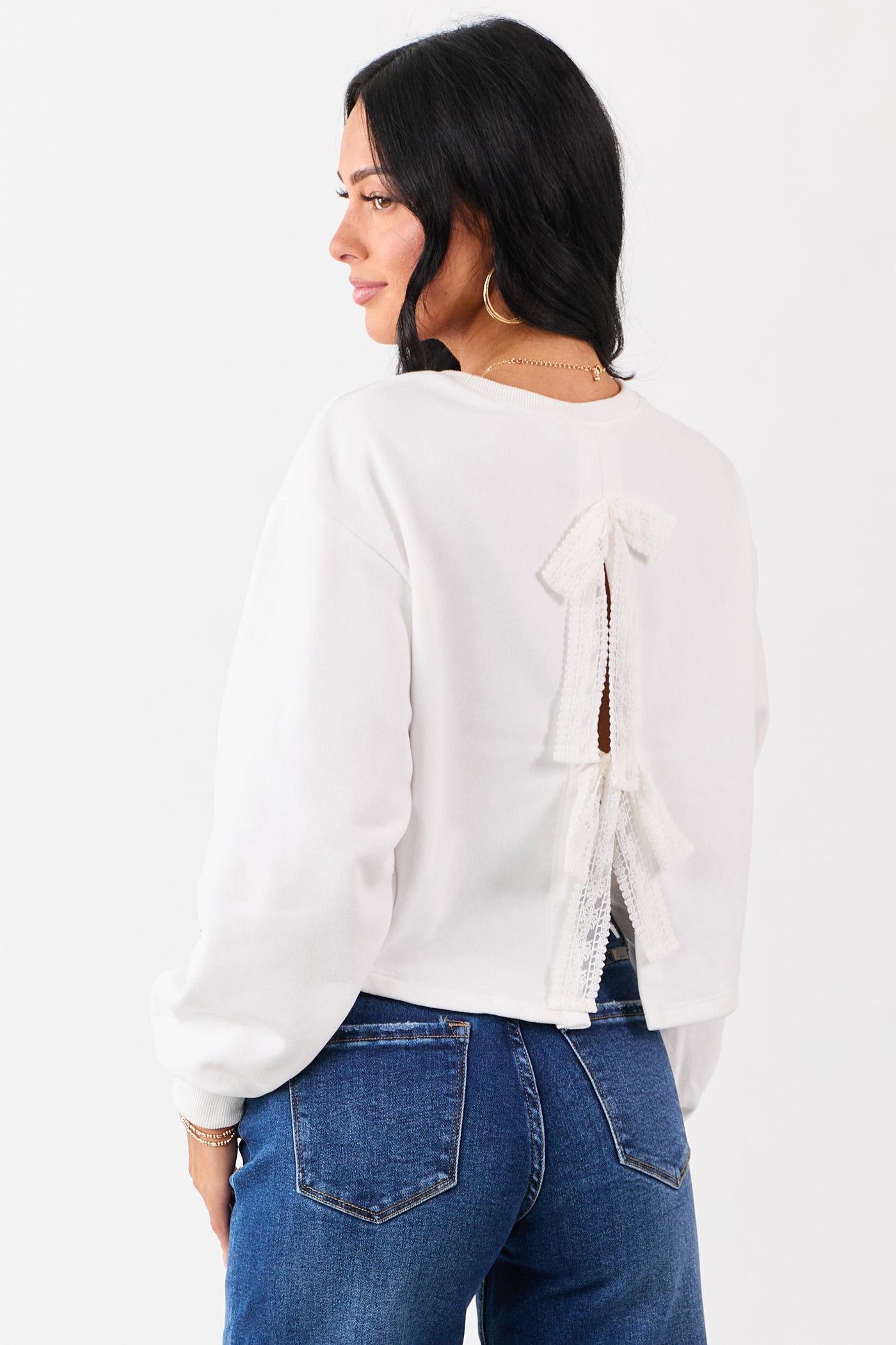 White Back Slit Lace Bow Boxy Sweatshirt Top
