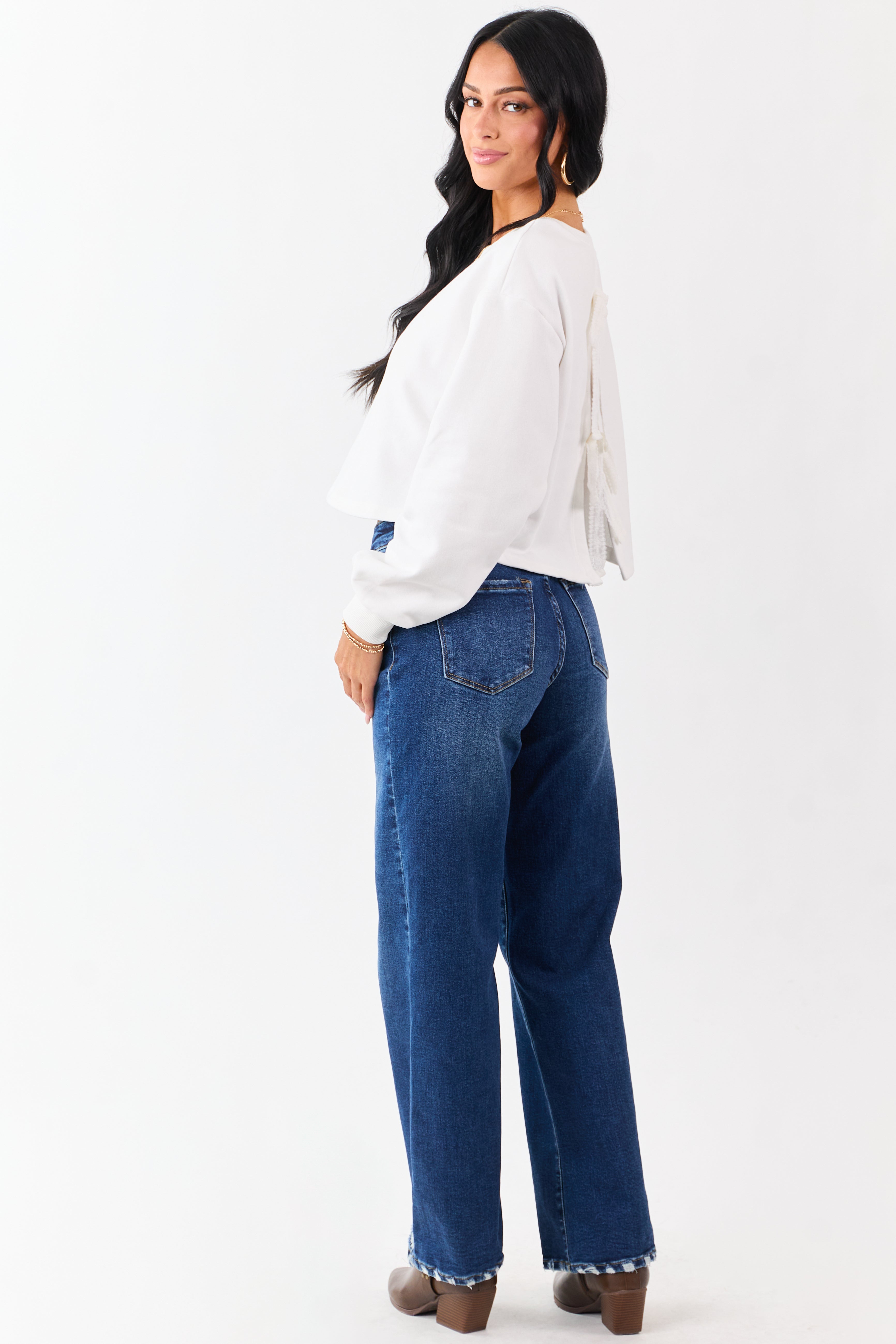 White Back Slit Lace Bow Boxy Sweatshirt Top