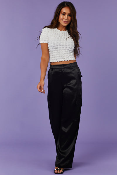 White Bubble Textured Short Sleeve Crop Top